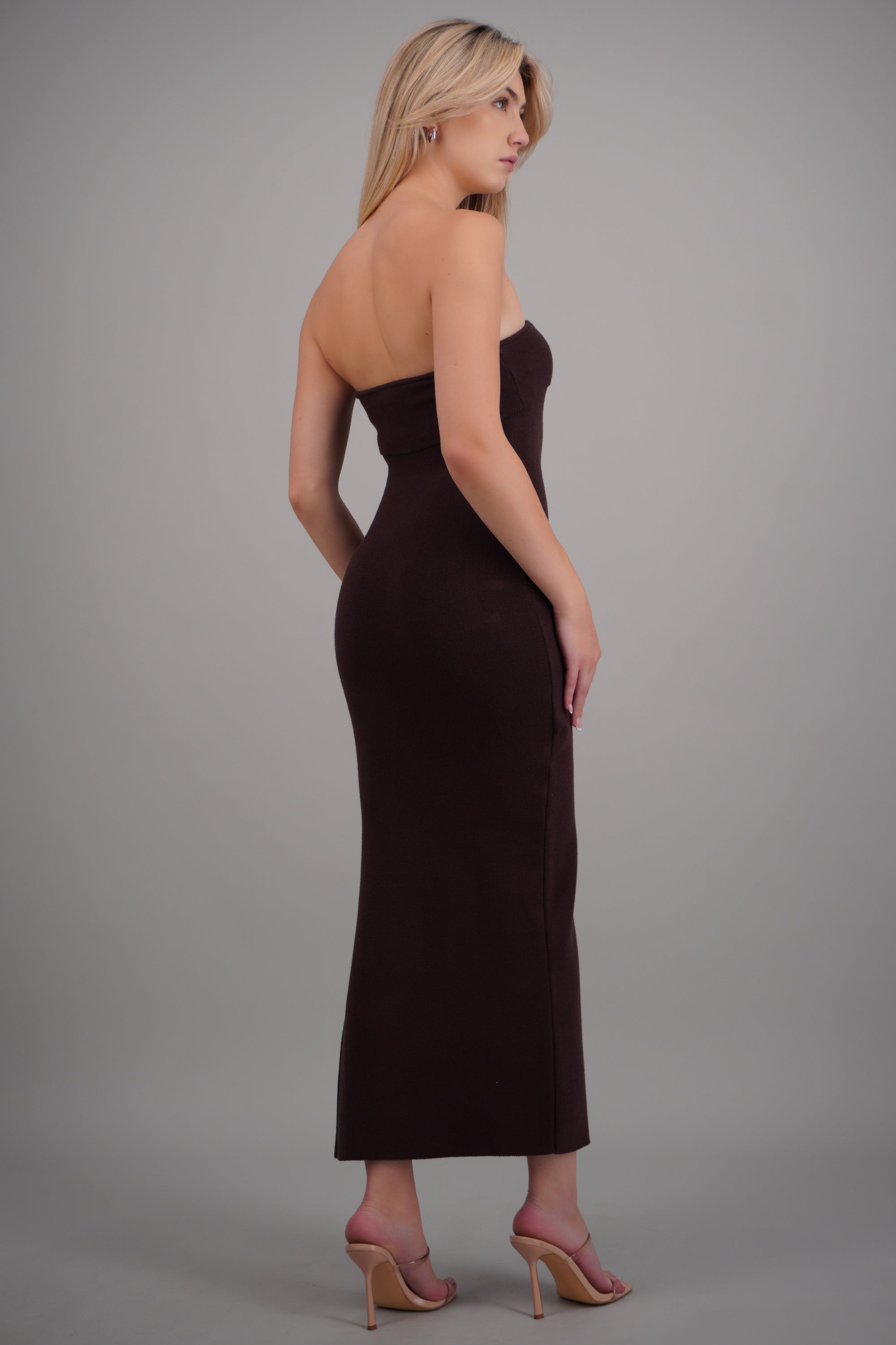 Vestido maxi doblez liso CHOCOLATE