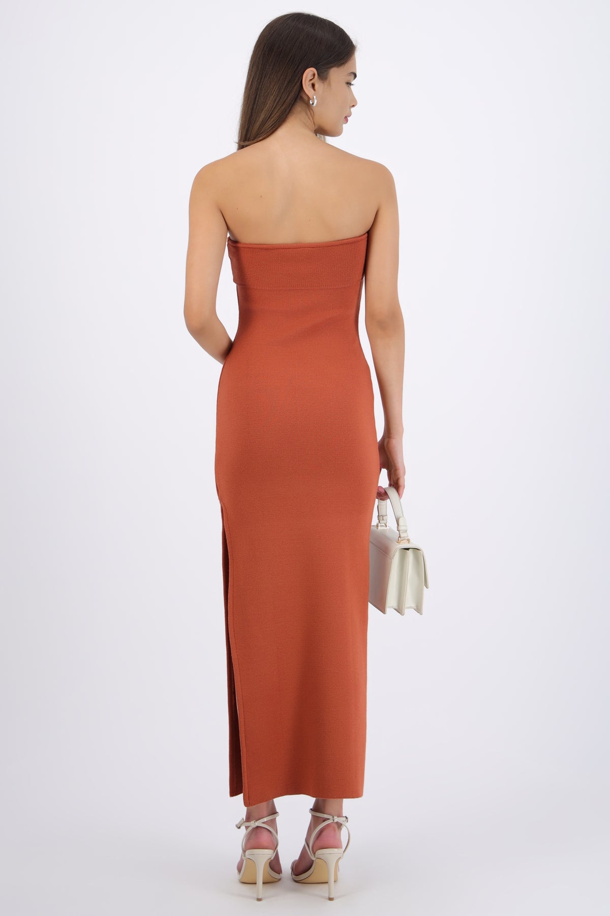 Vestido maxi doblez liso LADRILLO