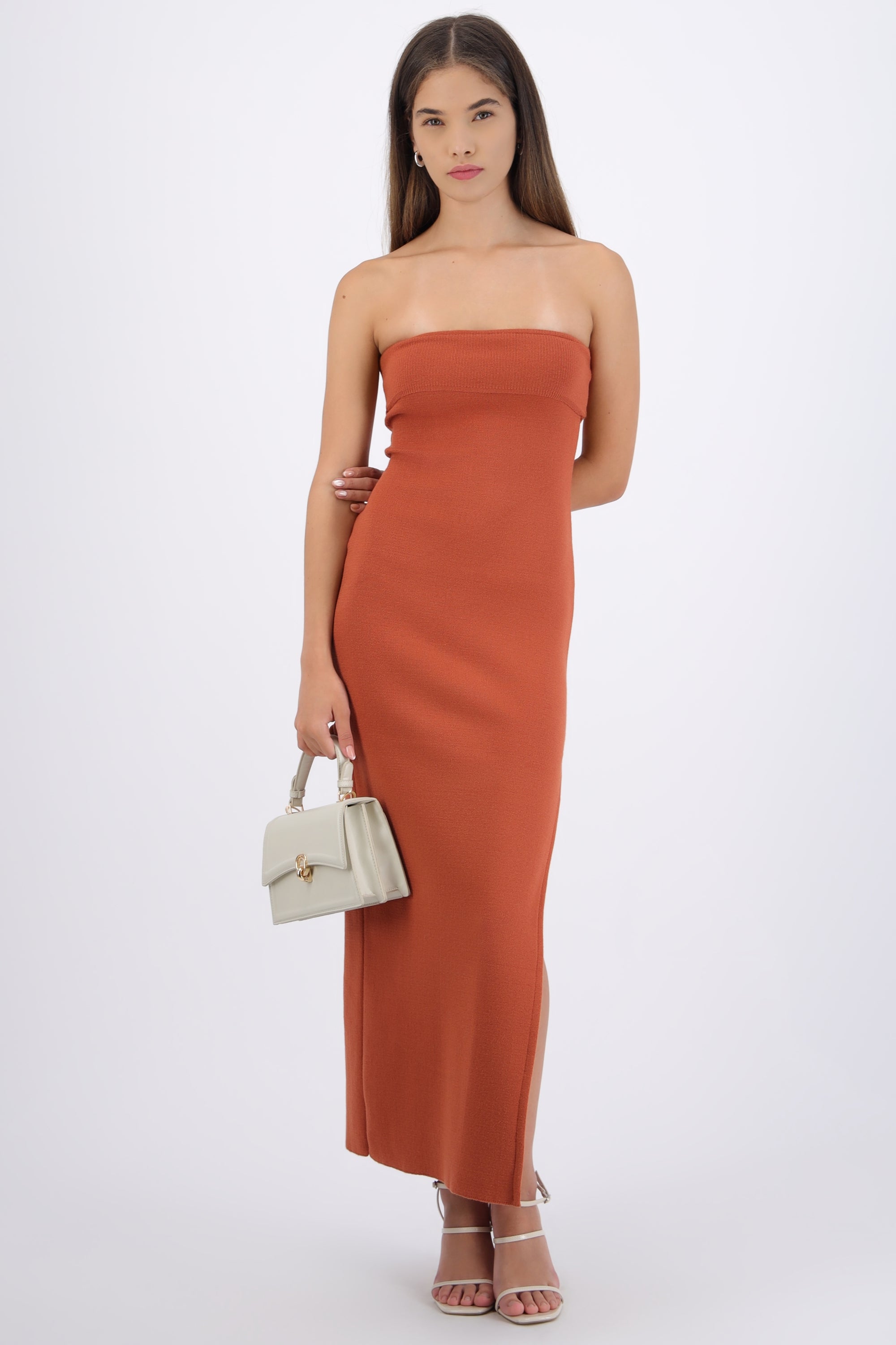 Vestido maxi doblez liso LADRILLO