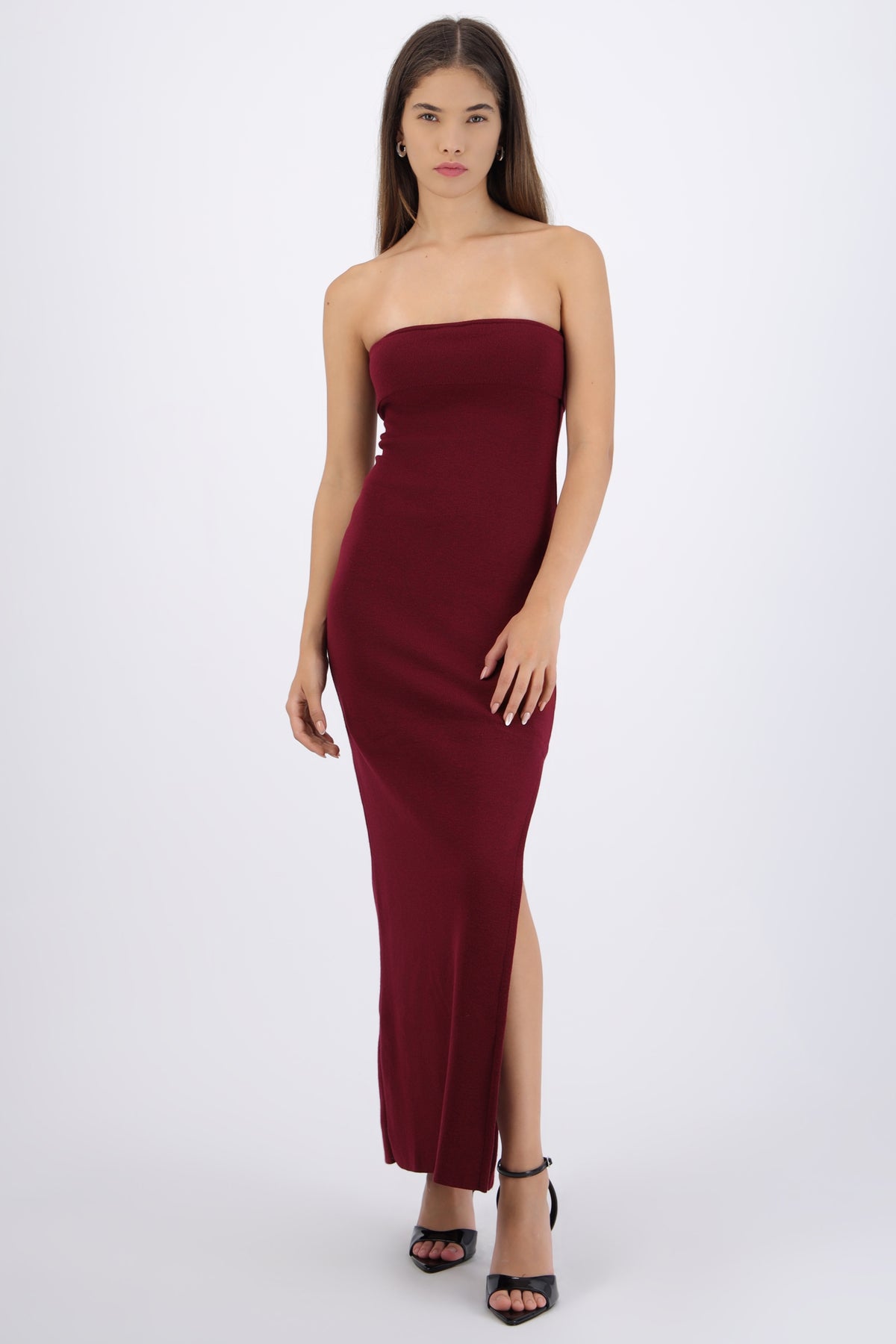 Vestido maxi doblez liso VINO