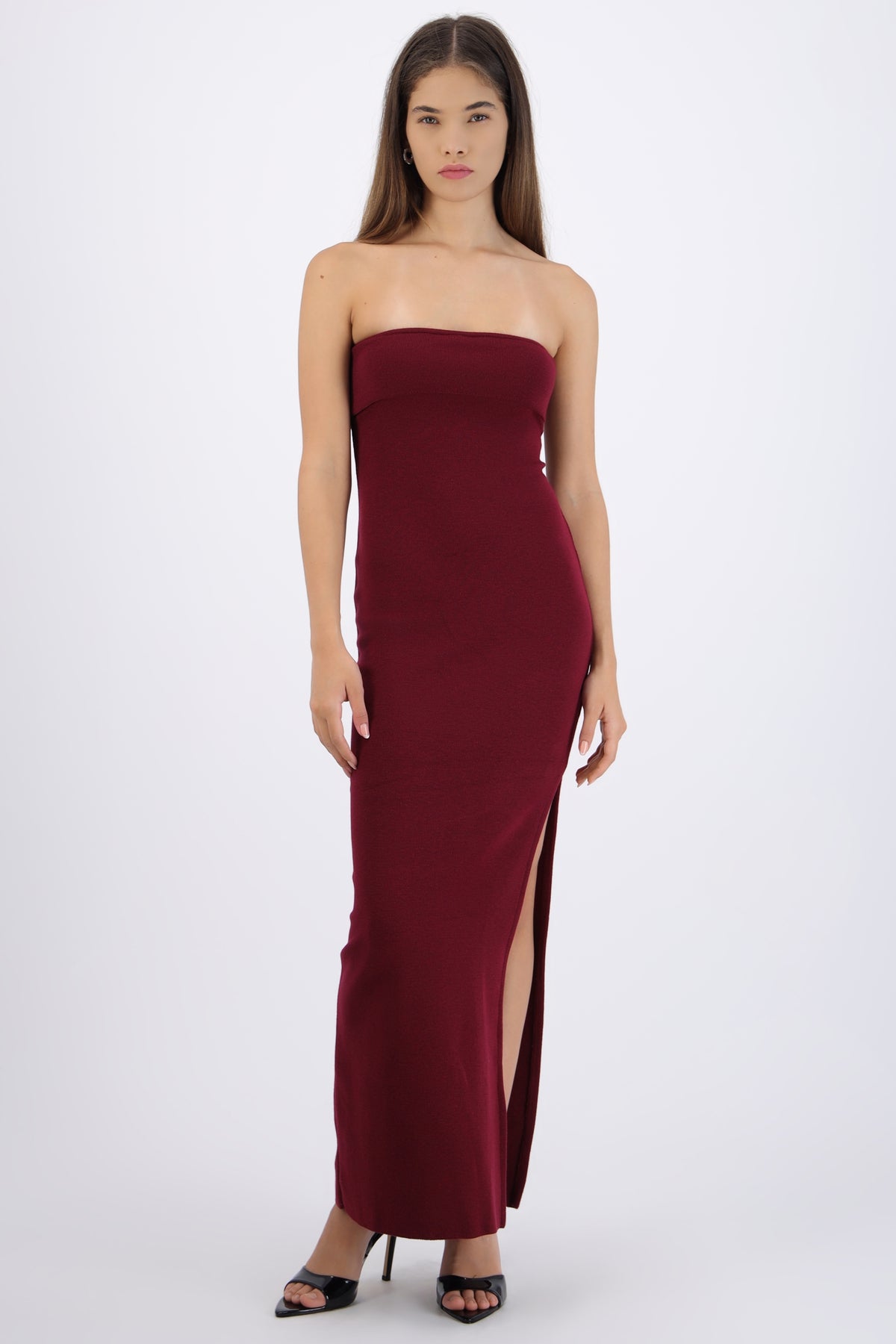Vestido maxi doblez liso VINO