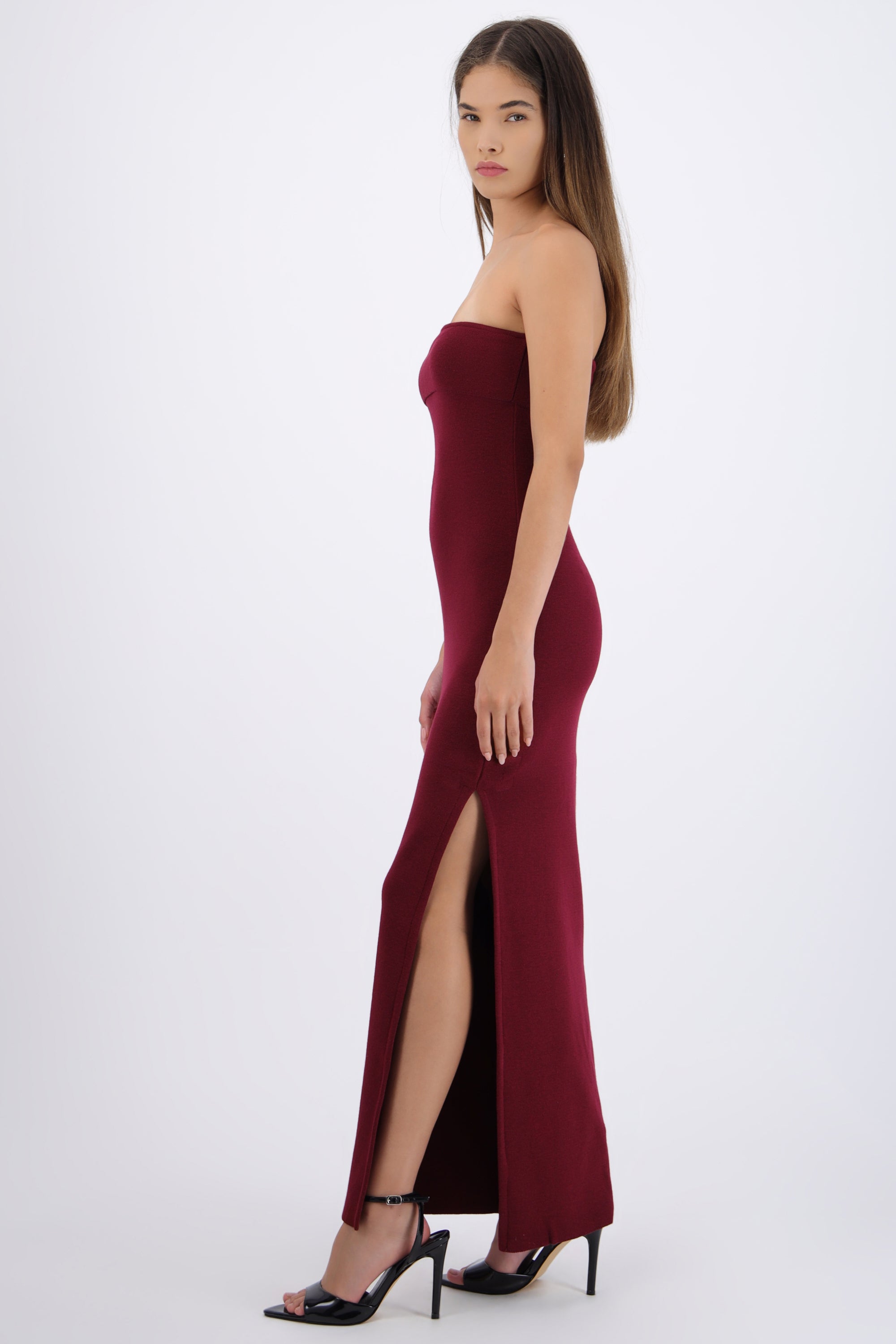 Vestido maxi doblez liso VINO