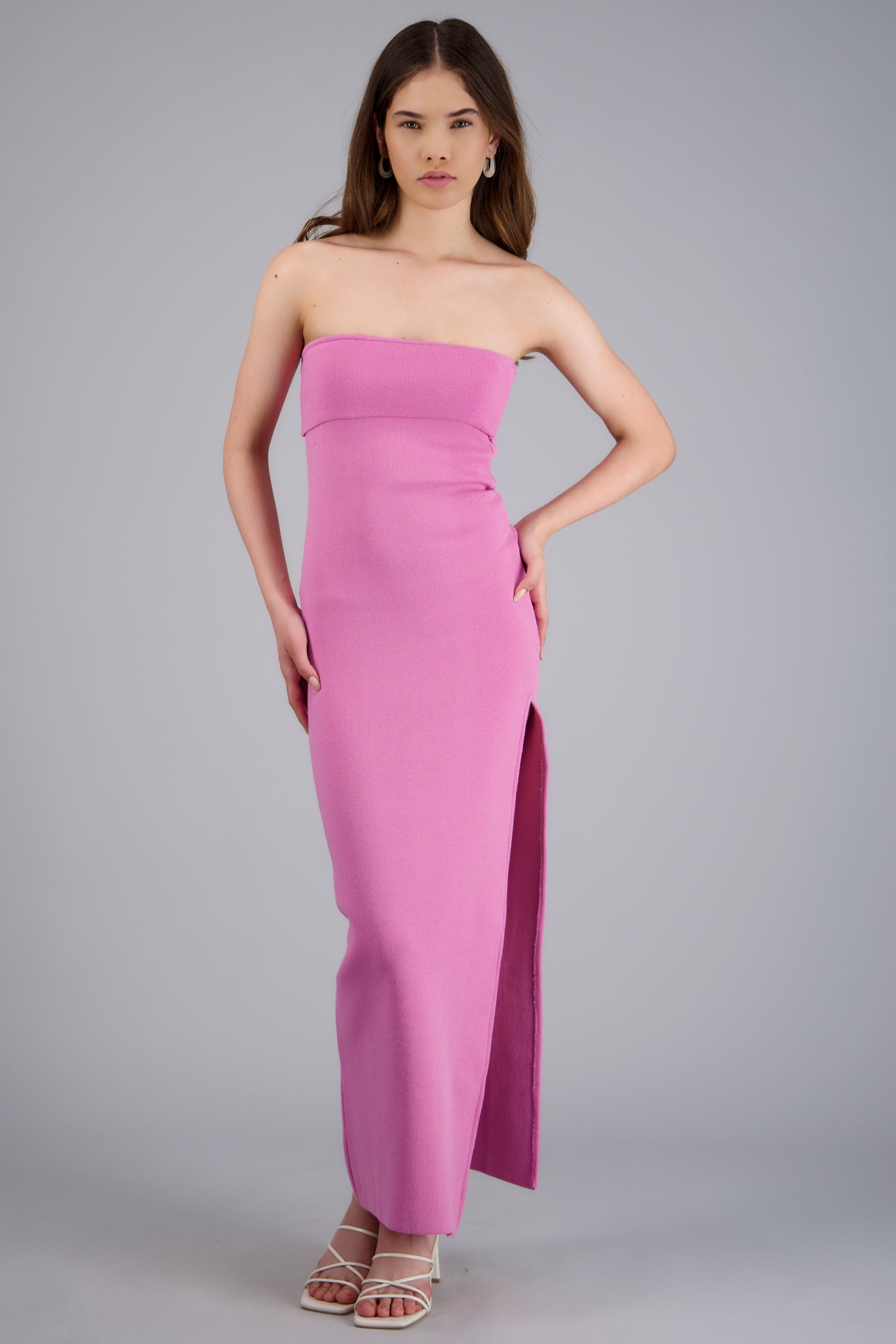 Vestido maxi doblez liso ROSA