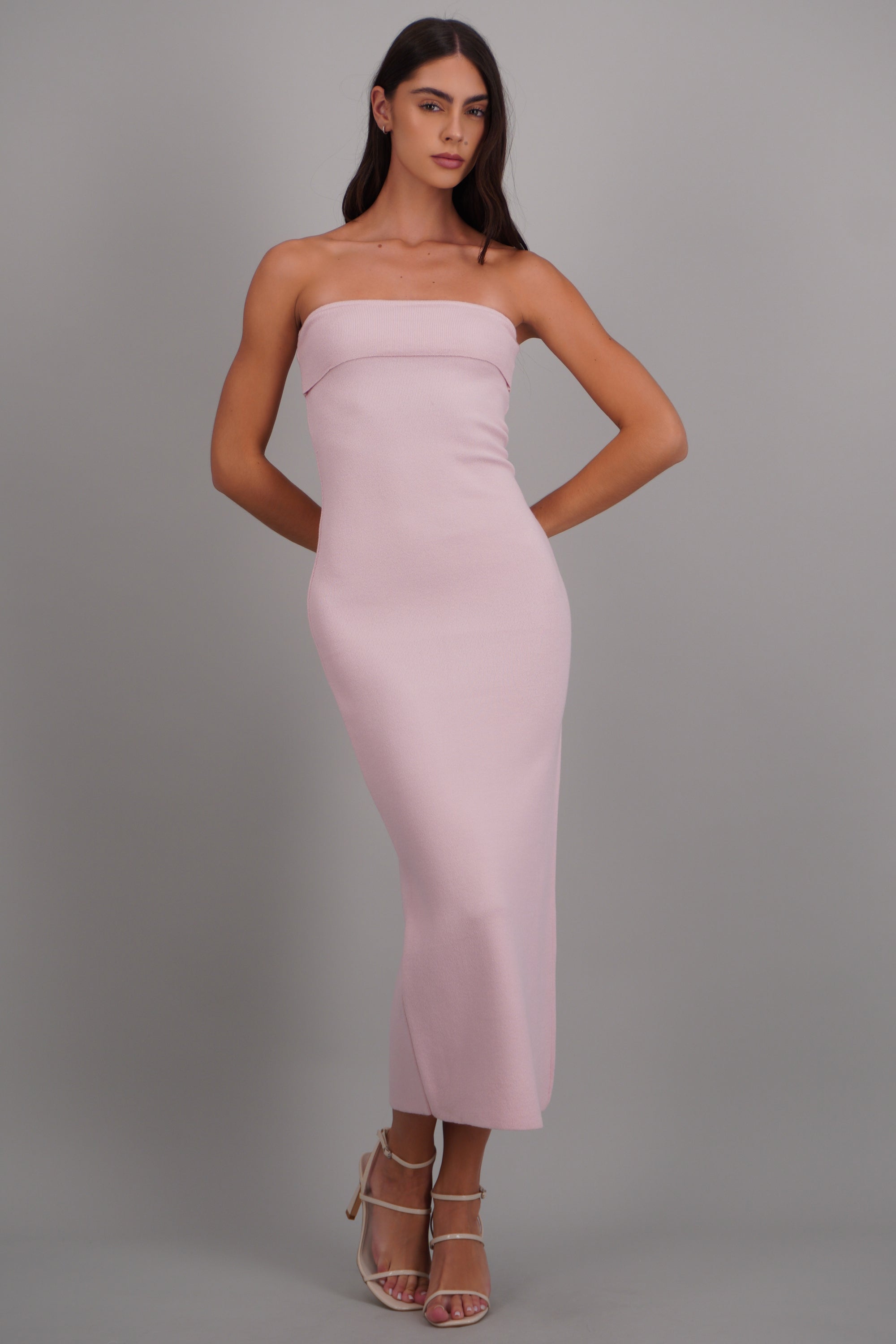 Vestido maxi doblez liso ROSA PASTEL