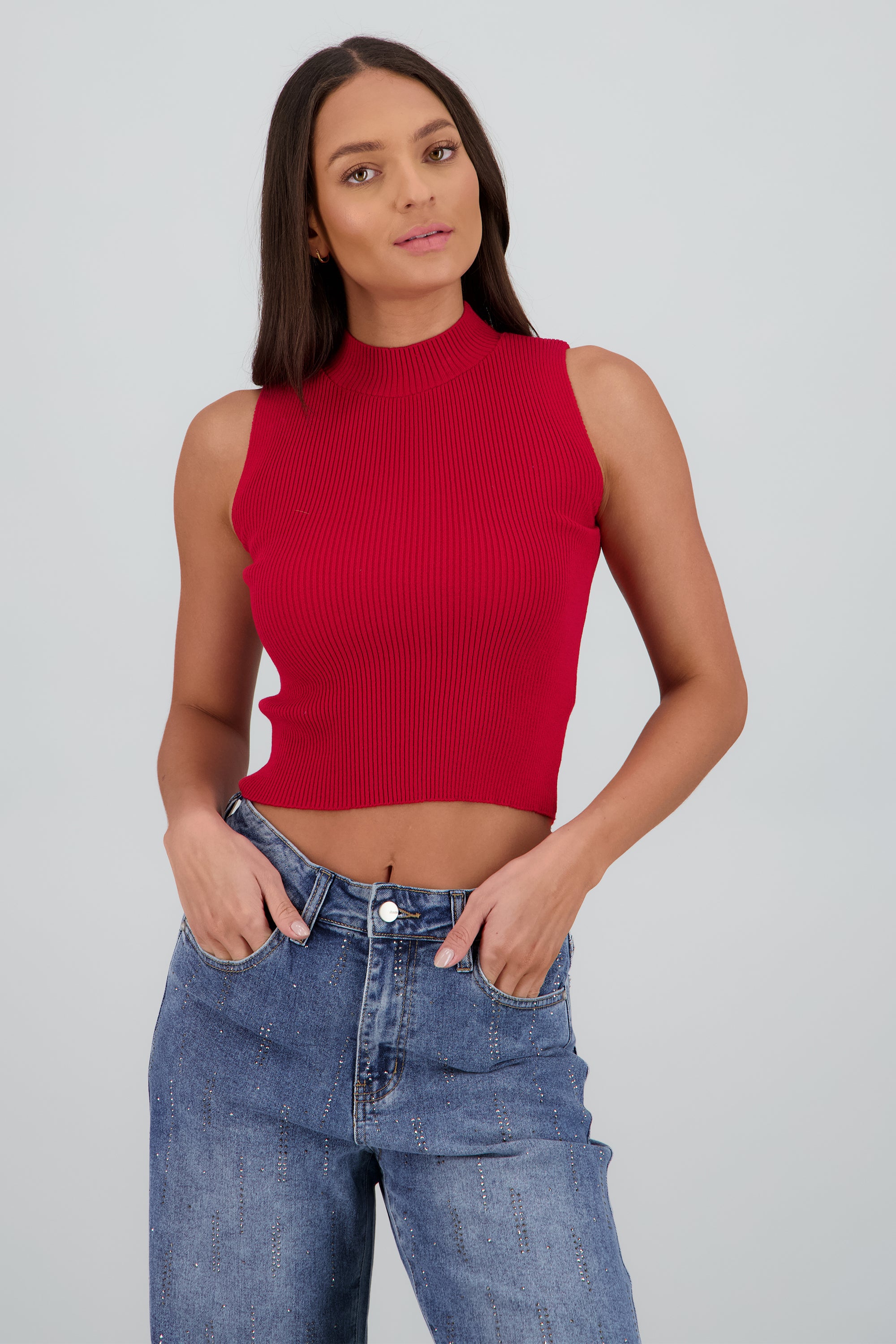 Top tejido sin manga acanalado ROJO