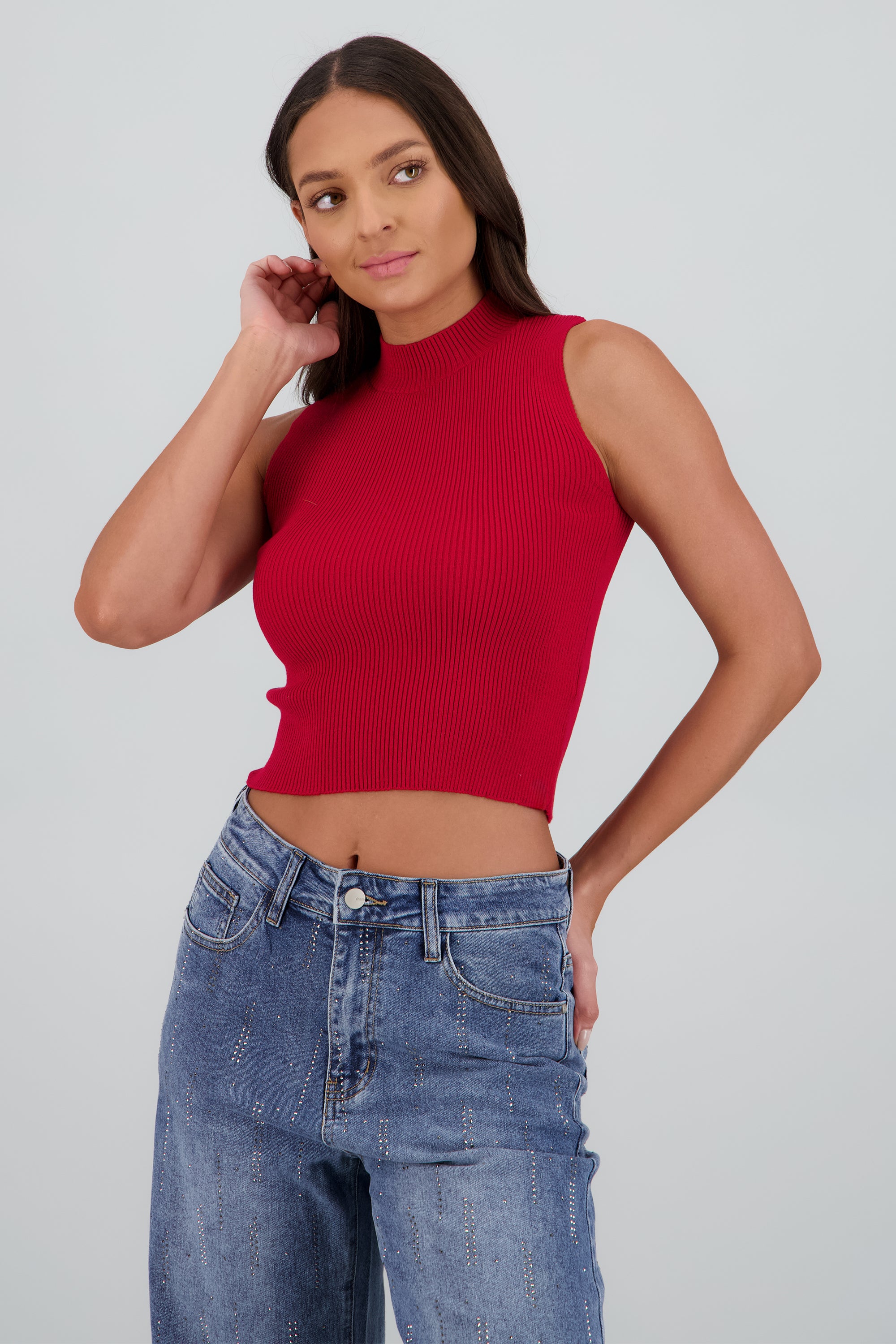 Top tejido sin manga acanalado ROJO