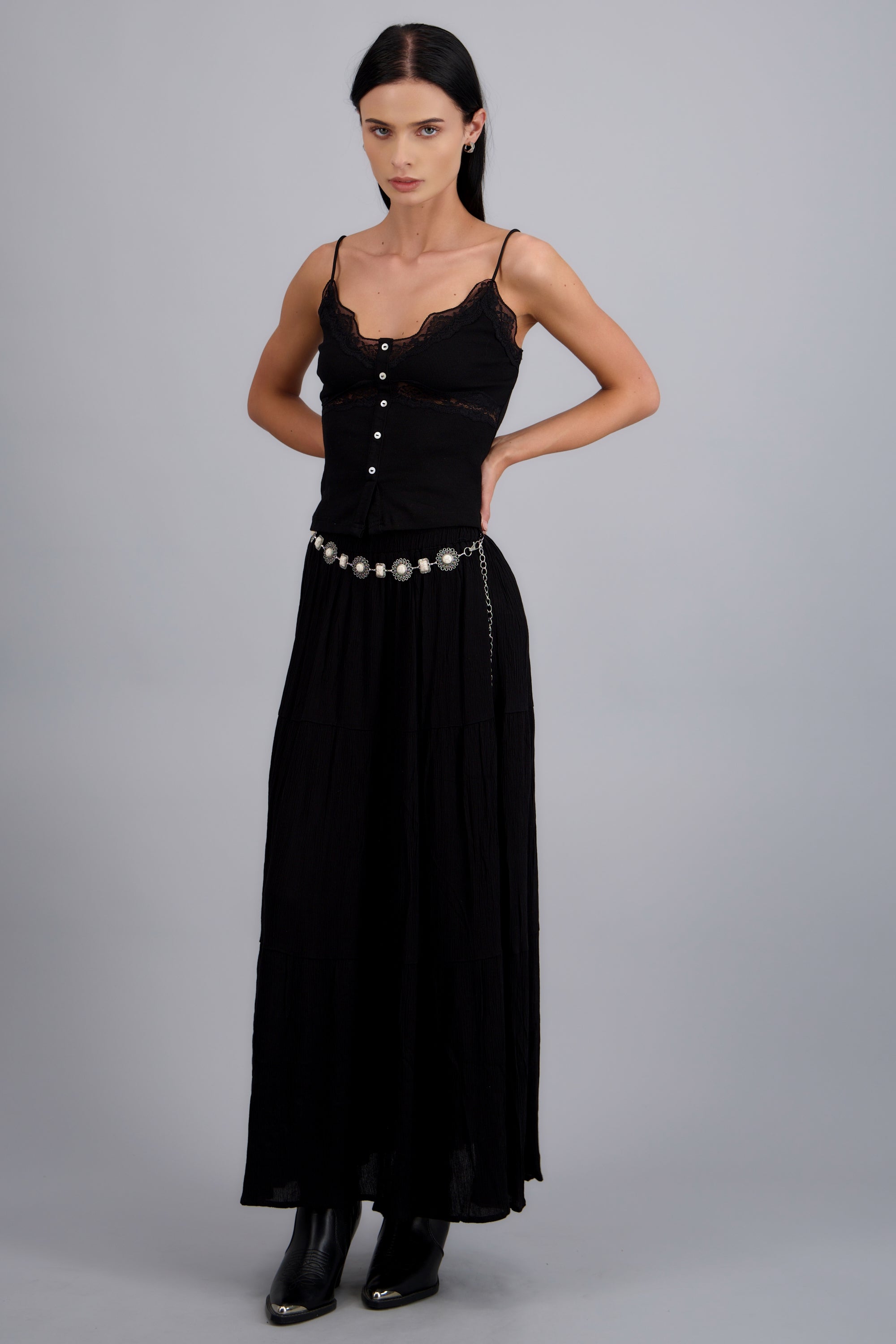 Falda maxi con detalle cinturon NEGRO