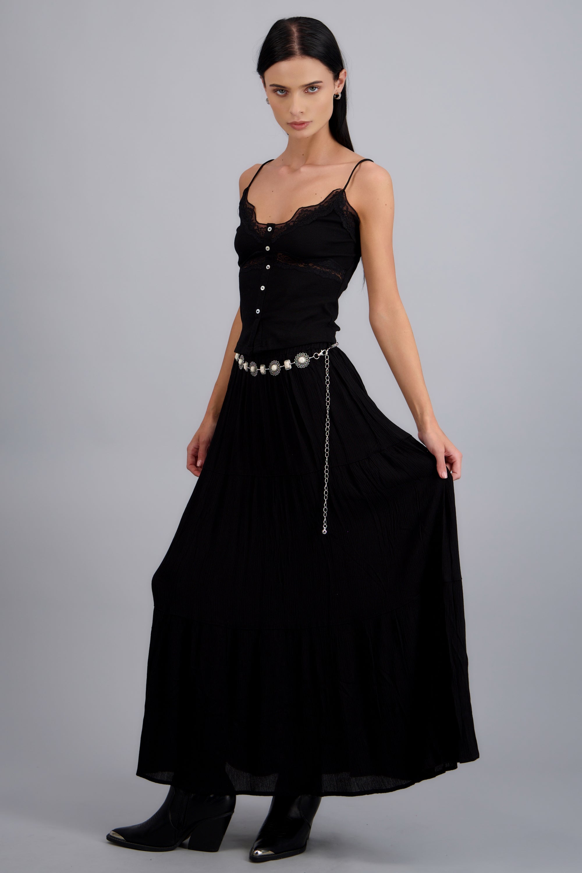 Falda maxi con detalle cinturon NEGRO