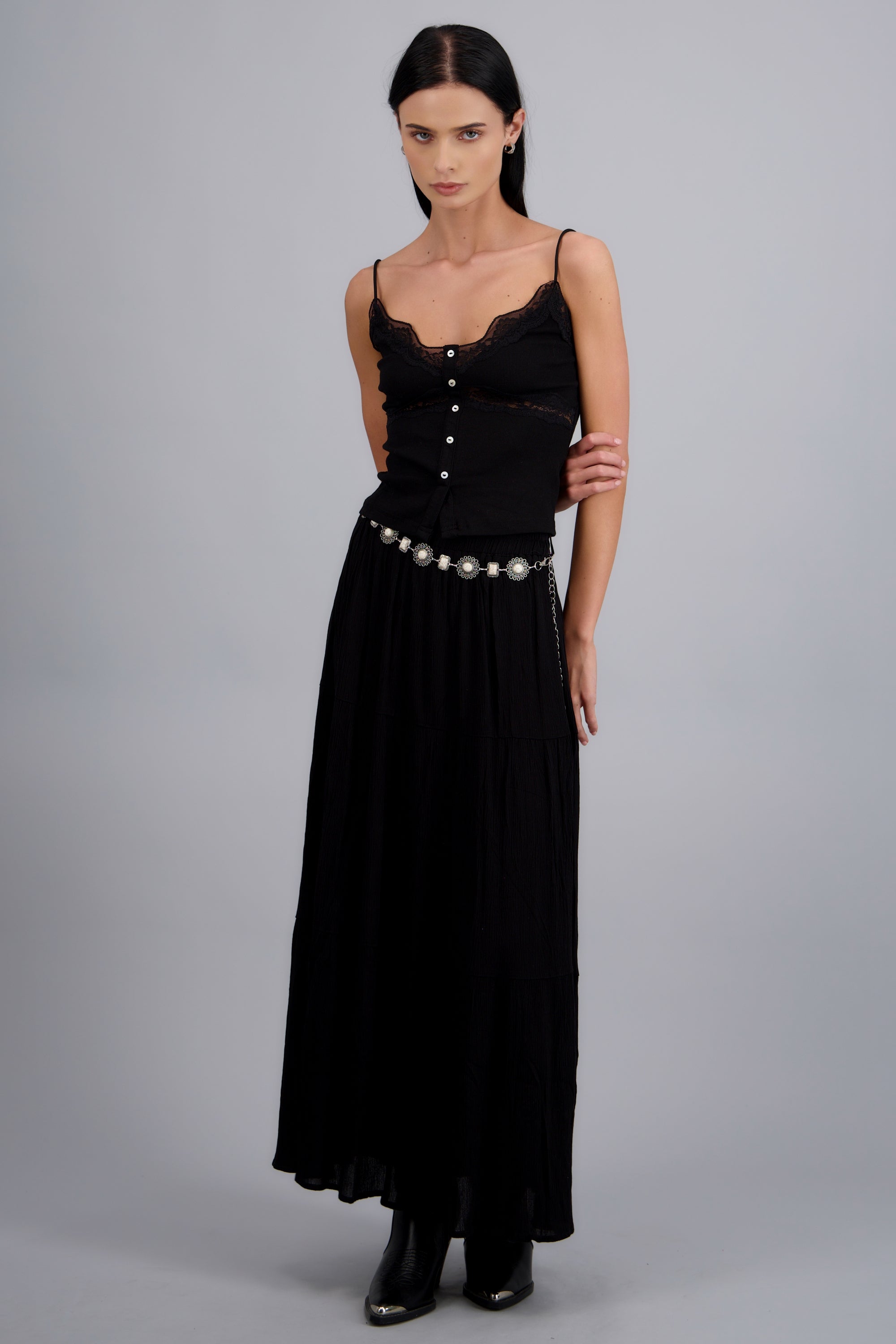 Falda maxi con detalle cinturon NEGRO