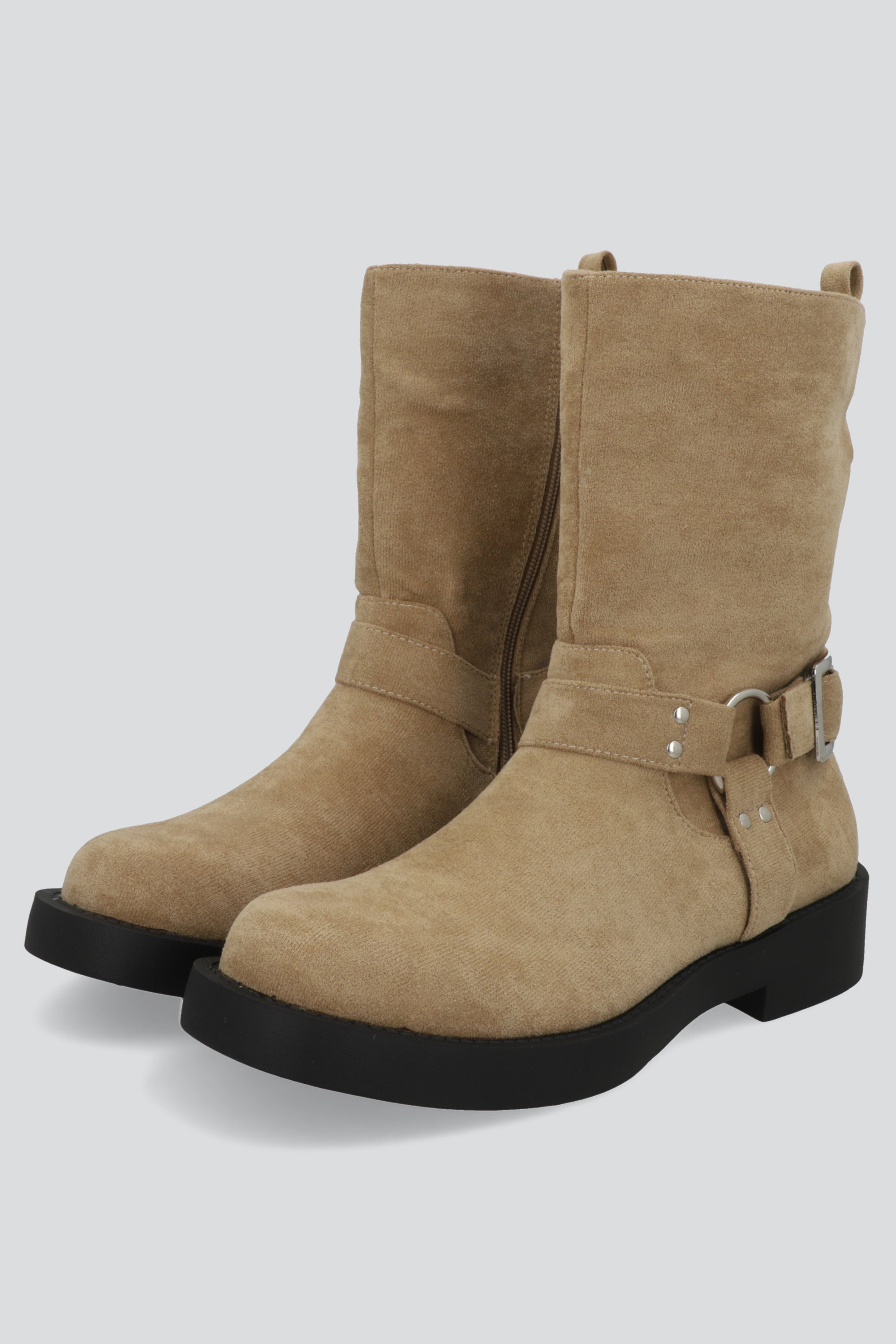 Botin biker hebilla gamucina punta desgastada TAUPE