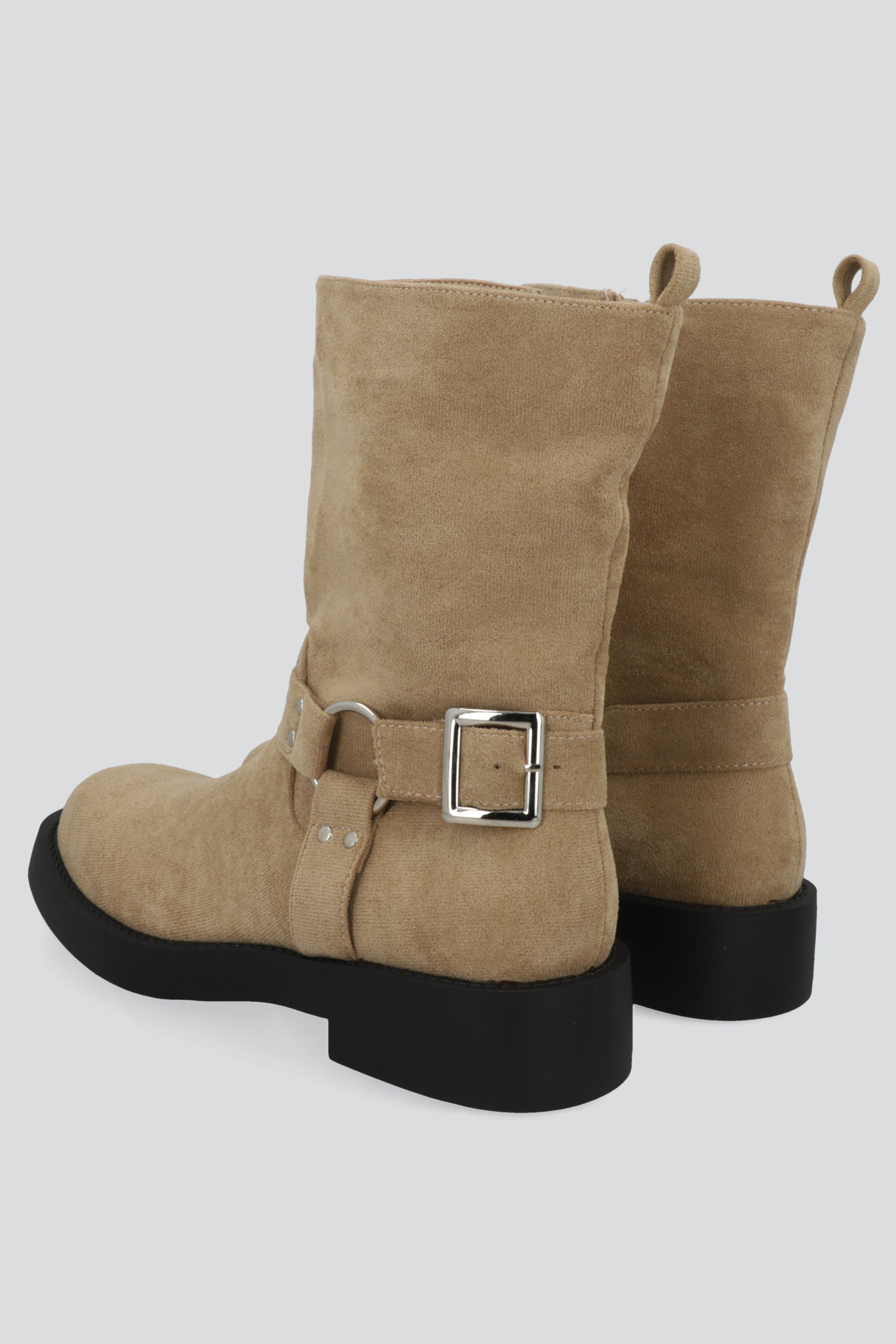 Botin biker hebilla gamucina punta desgastada TAUPE