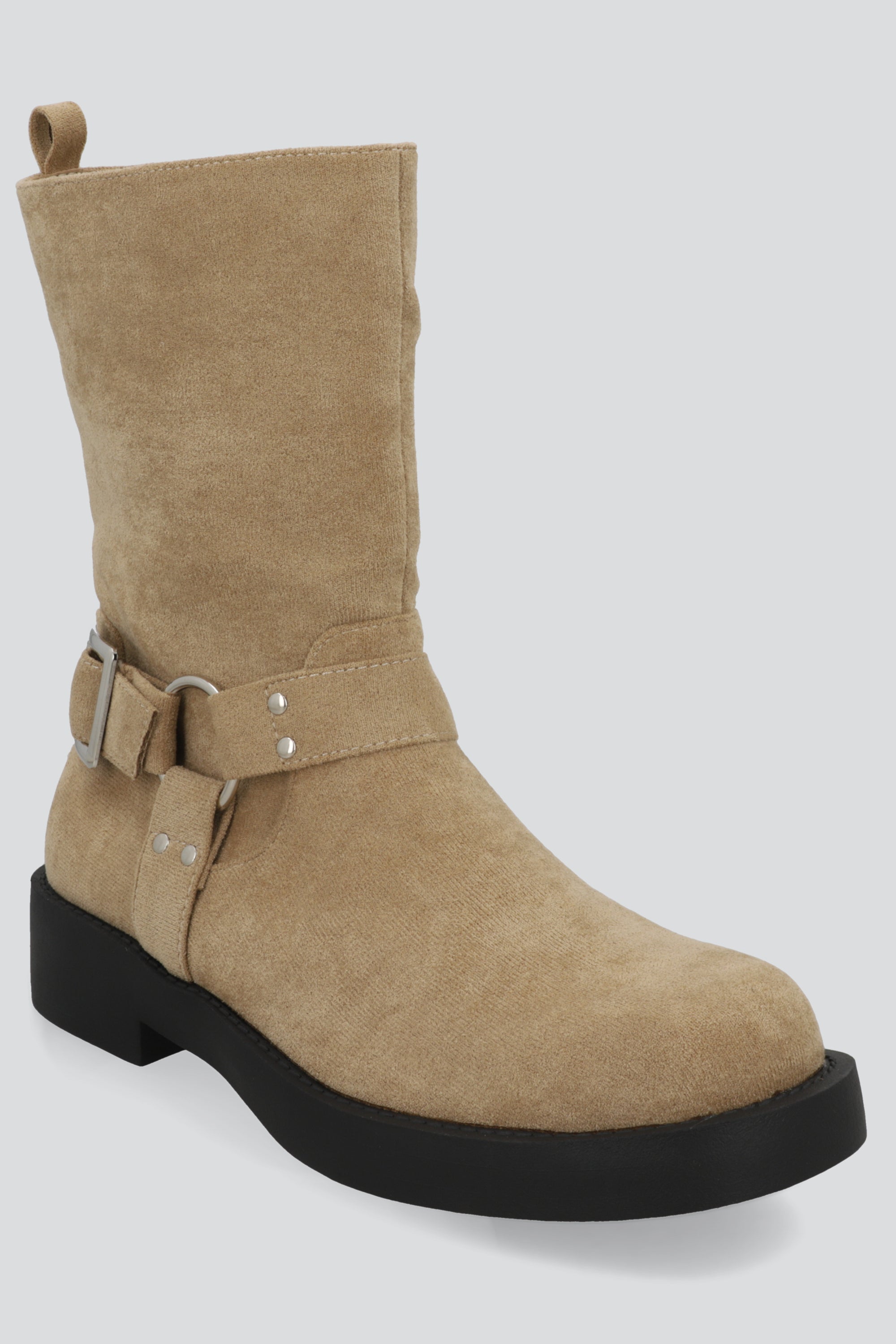 Botin biker hebilla gamucina punta desgastada TAUPE