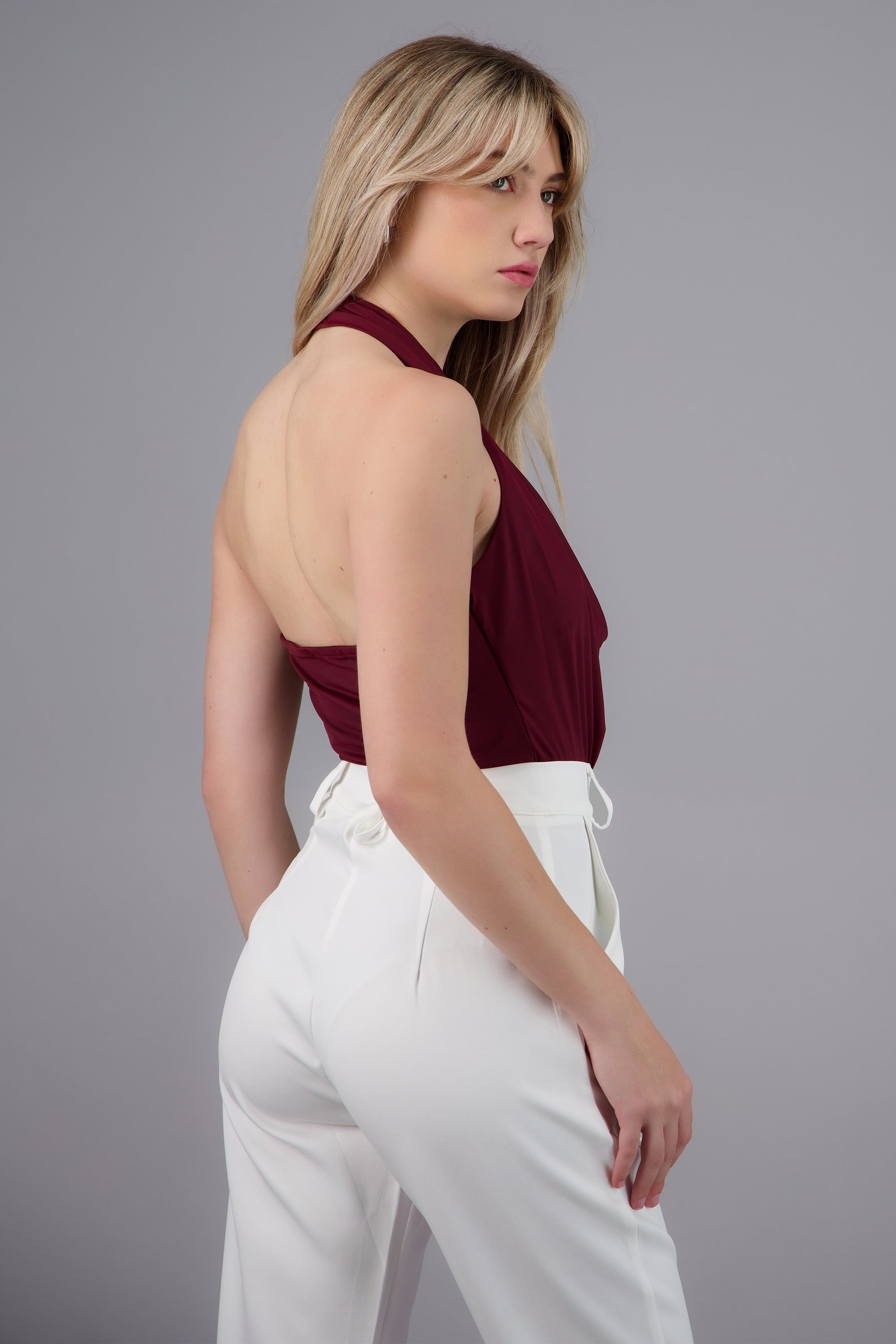 Top Halter Drapeado Escote Cascada CIRUELA