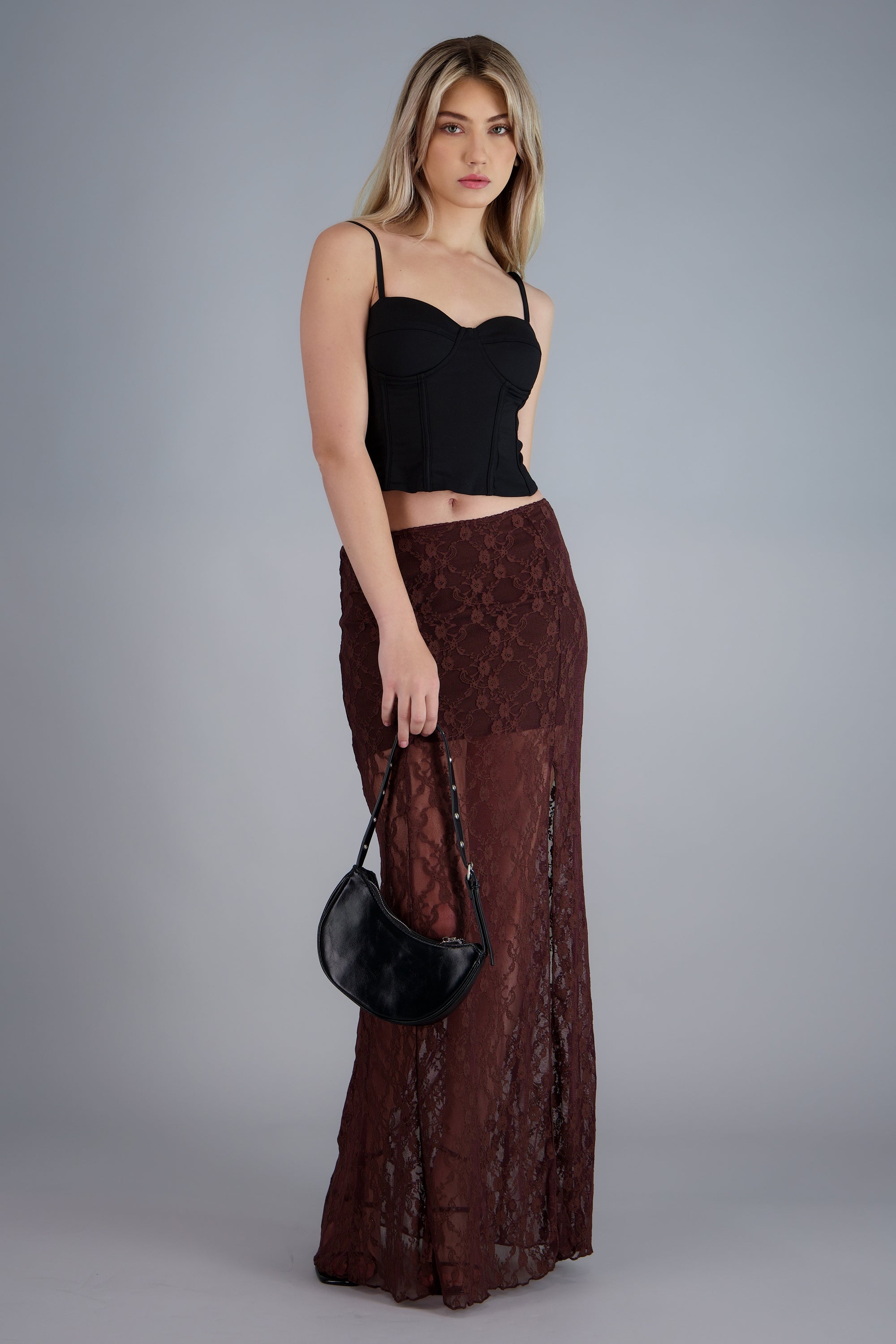 Falda maxi encaje abertura CHOCOLATE