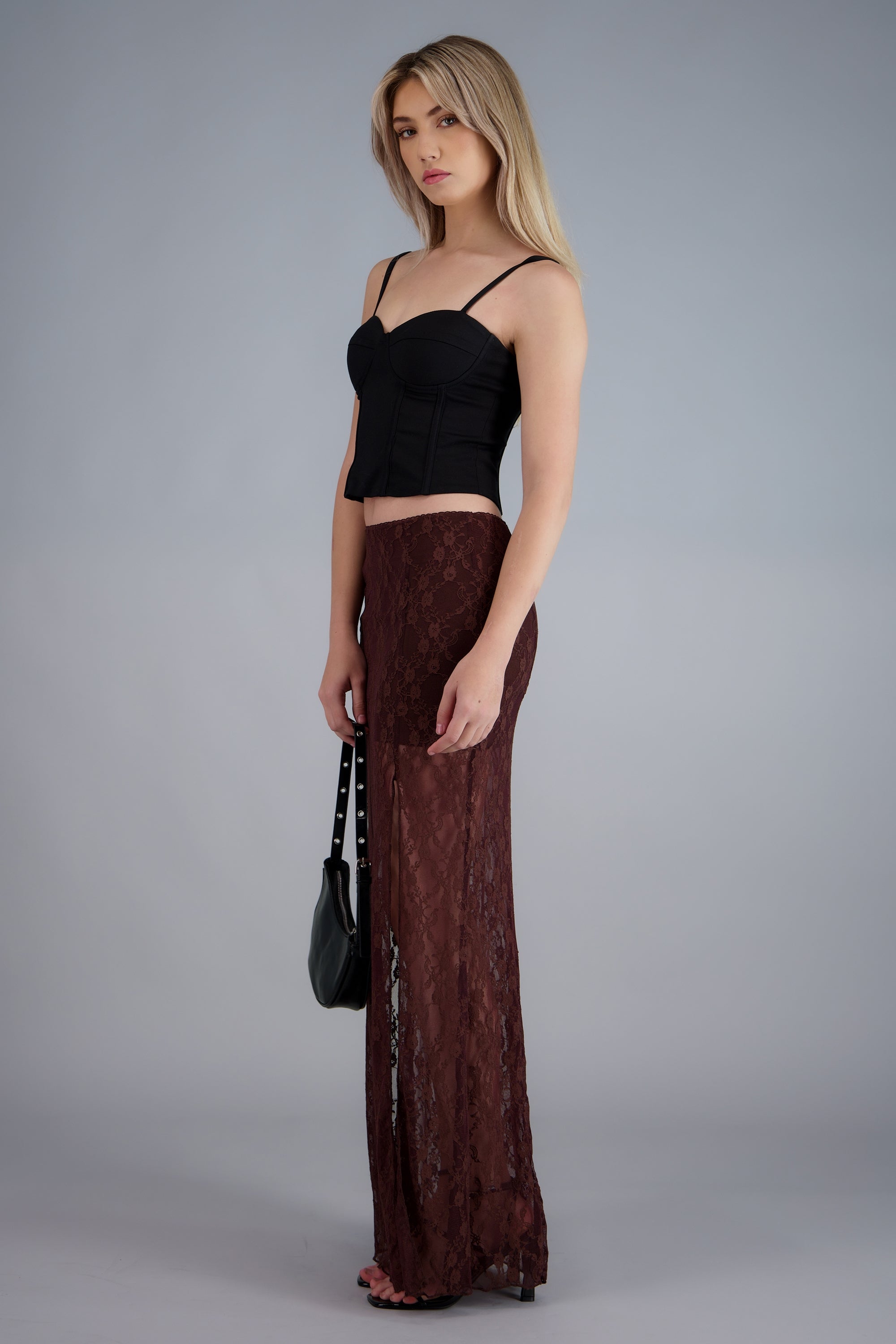 Falda maxi encaje abertura CHOCOLATE