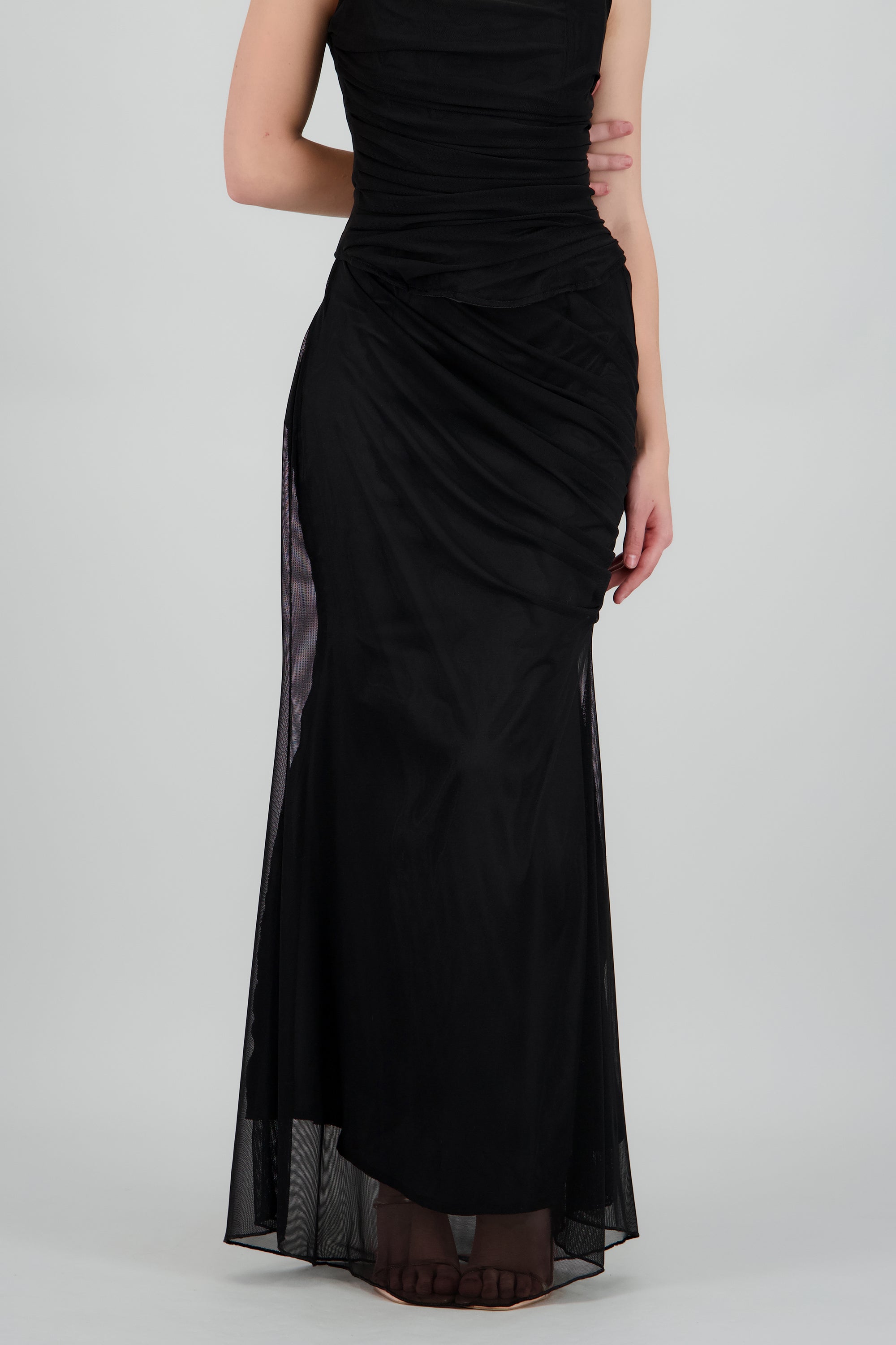 Falda maxi drapeado costados mesh NEGRO