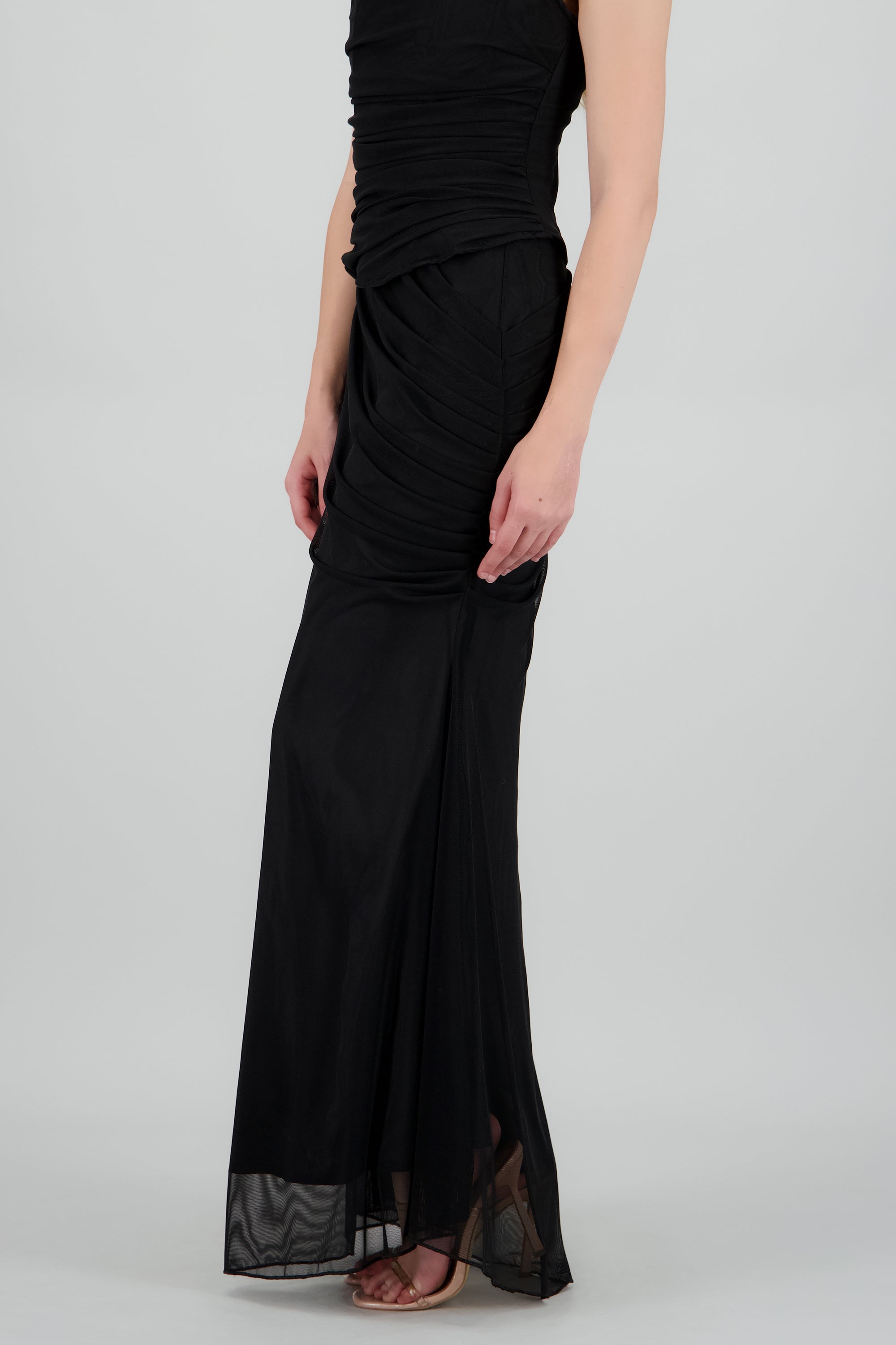 Falda maxi drapeado costados mesh NEGRO