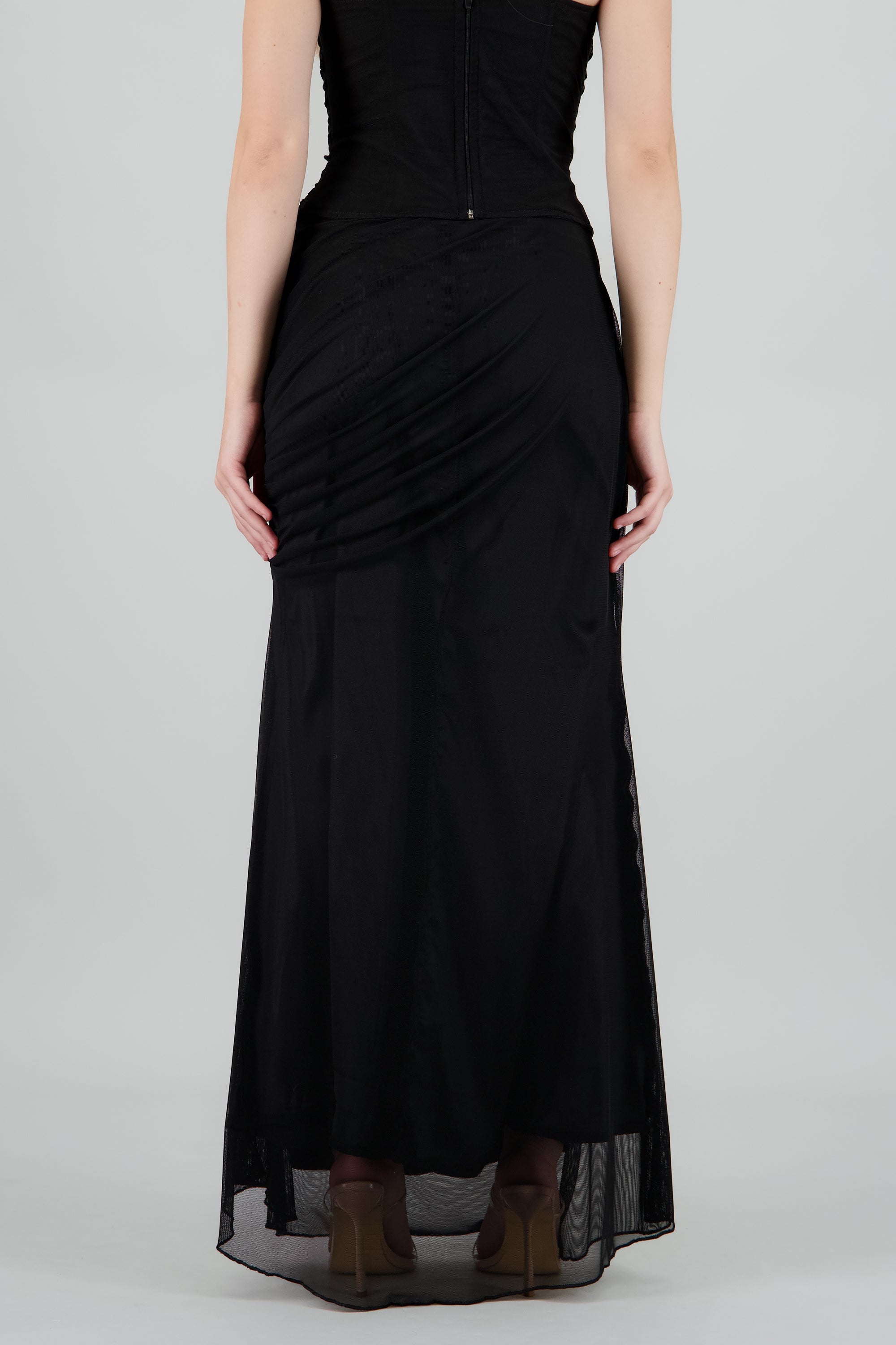 Falda maxi drapeado costados mesh NEGRO