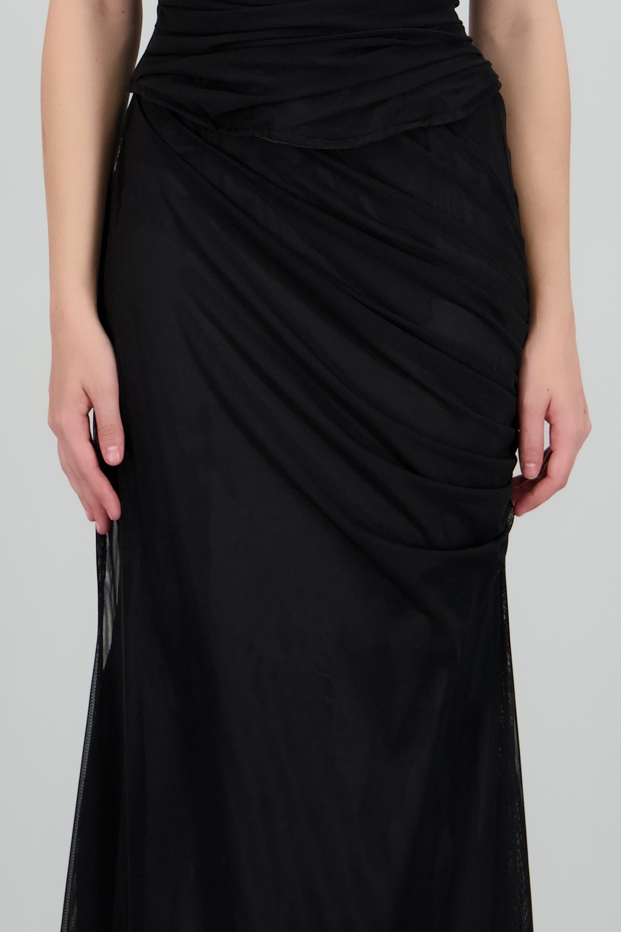 Falda maxi drapeado costados mesh NEGRO