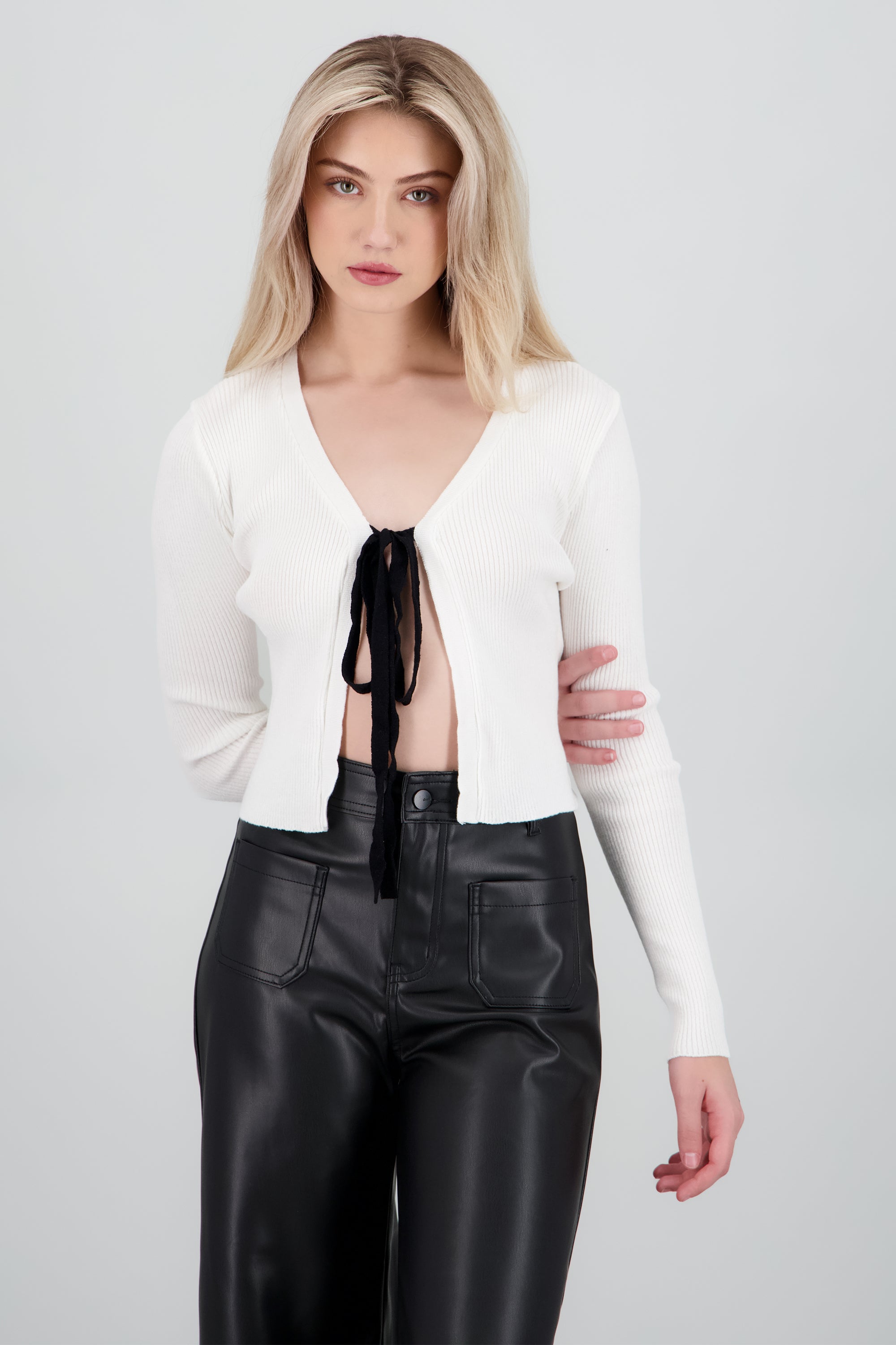 Cardigan cuello V liston contraste BLANCO