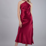 Vestido halter satin midi cruce espalda