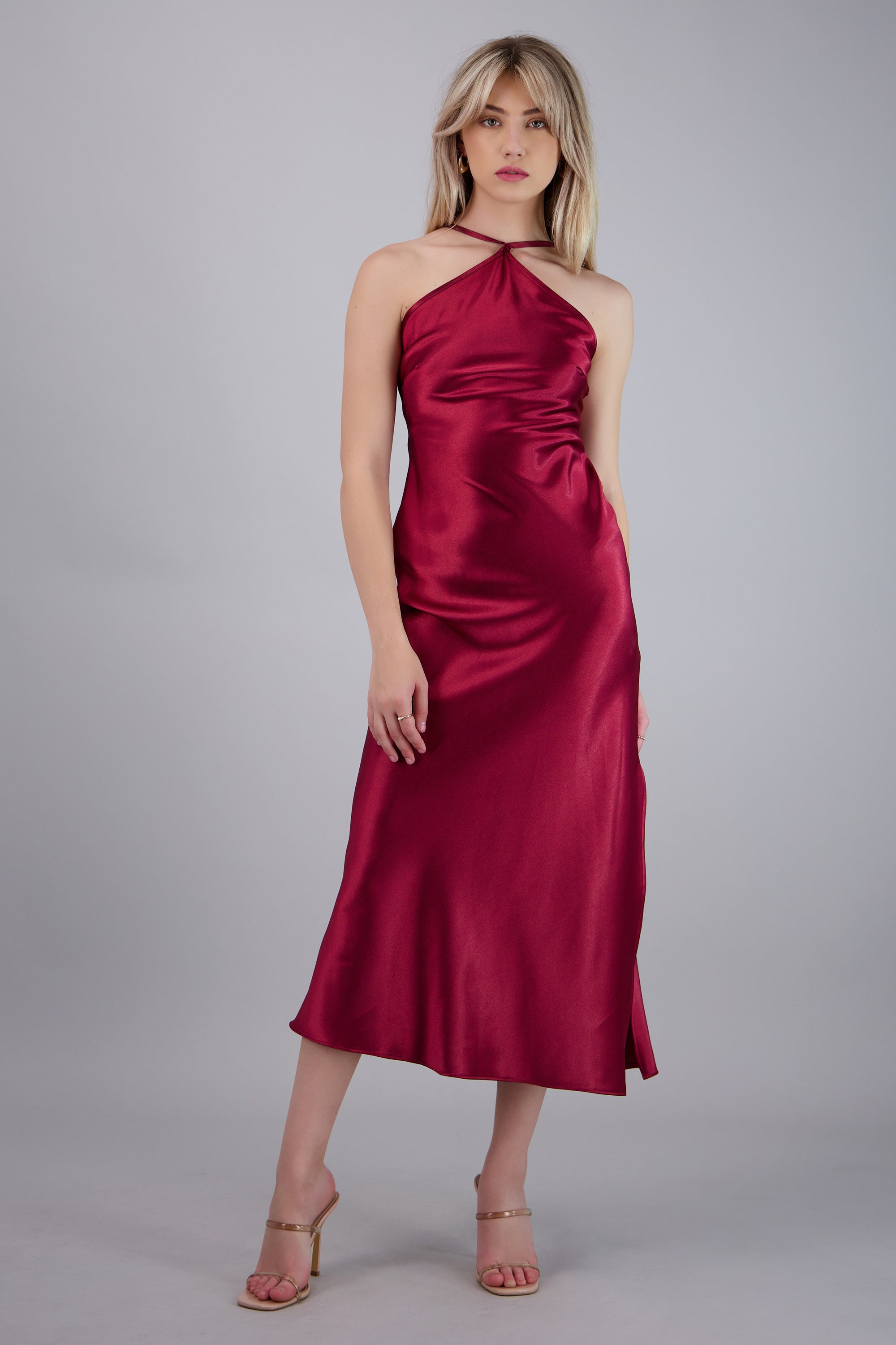 Vestido halter satin midi cruce espalda VINO