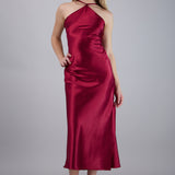 Vestido halter satin midi cruce espalda