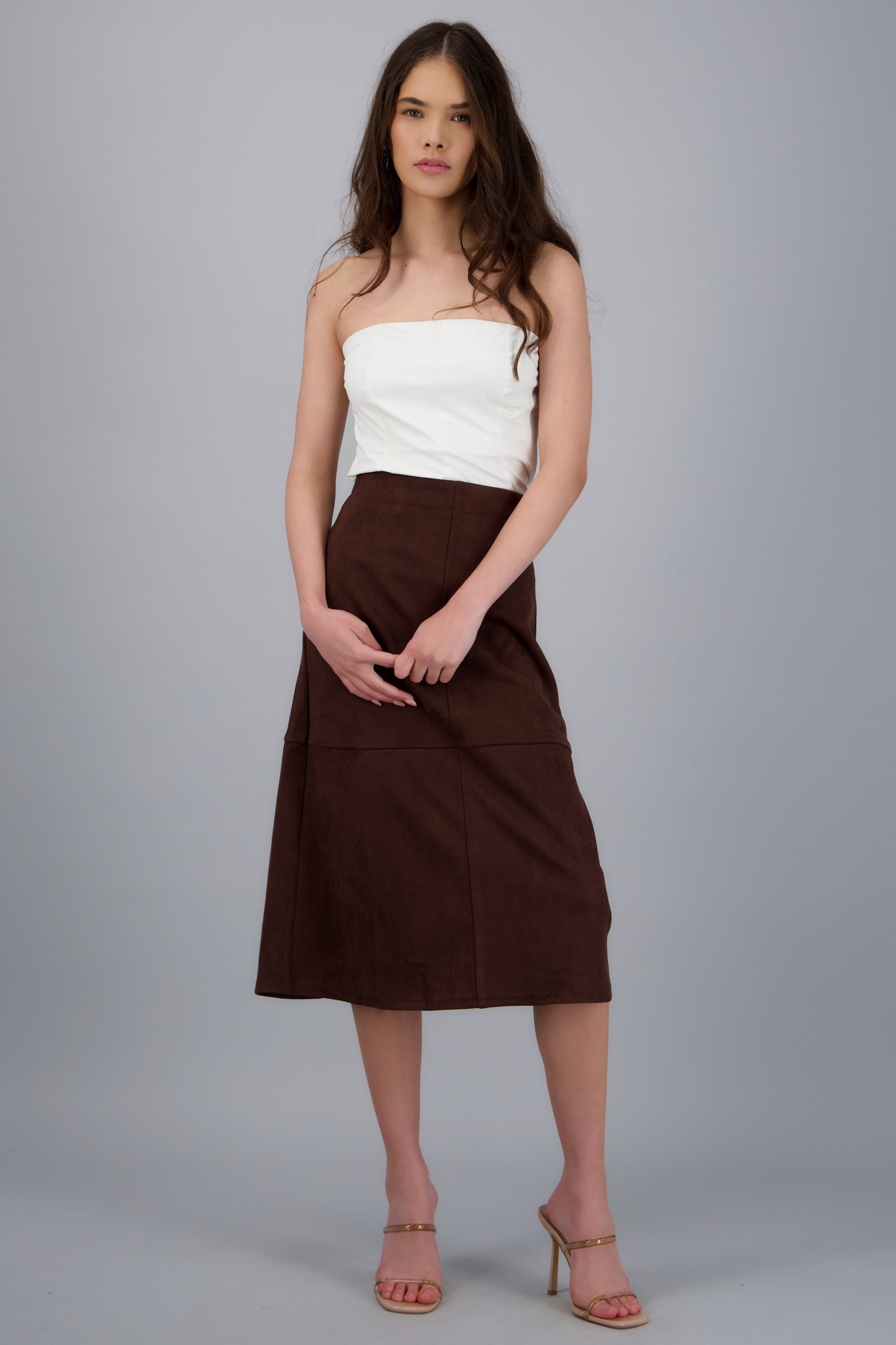 Falda midi suede detalle costuras CHOCOLATE