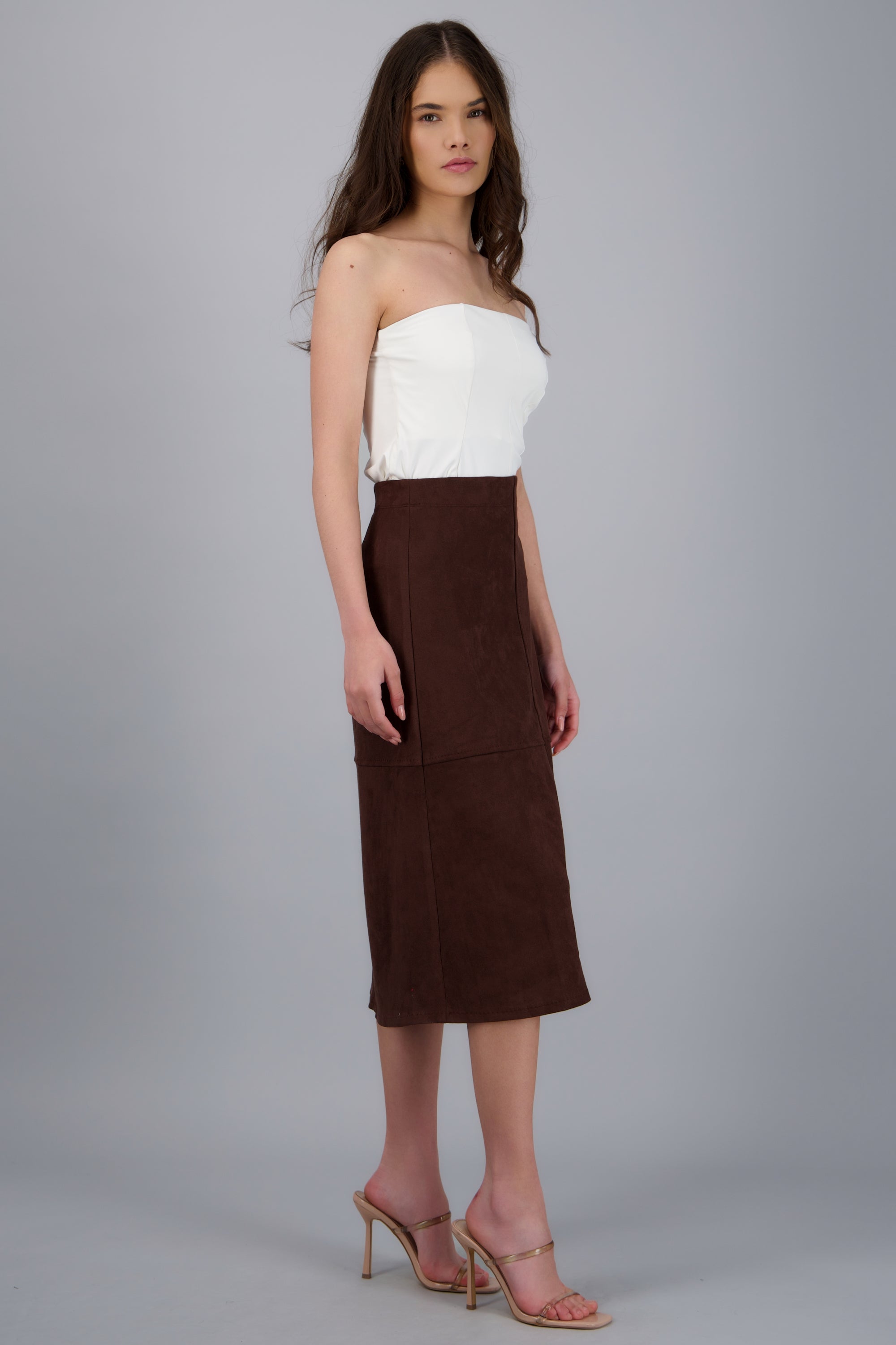 Falda midi suede detalle costuras CHOCOLATE