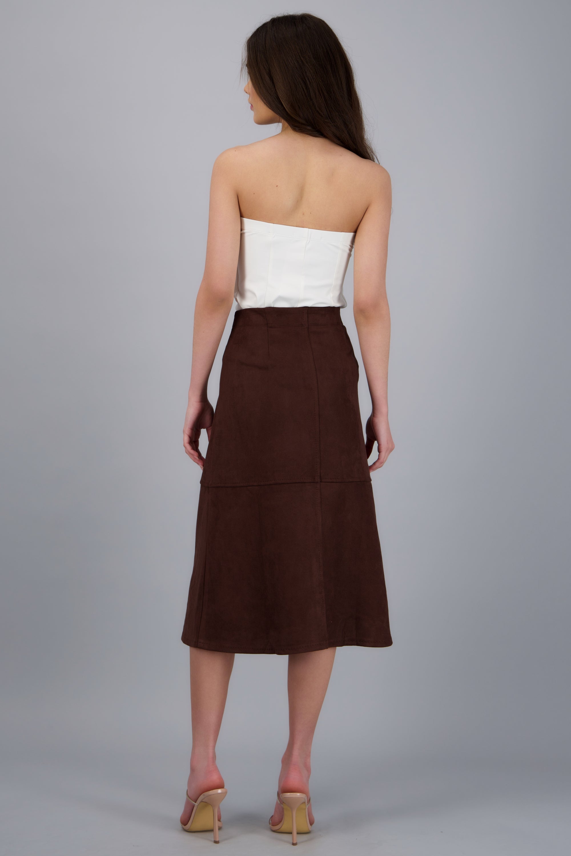 Falda midi suede detalle costuras CHOCOLATE
