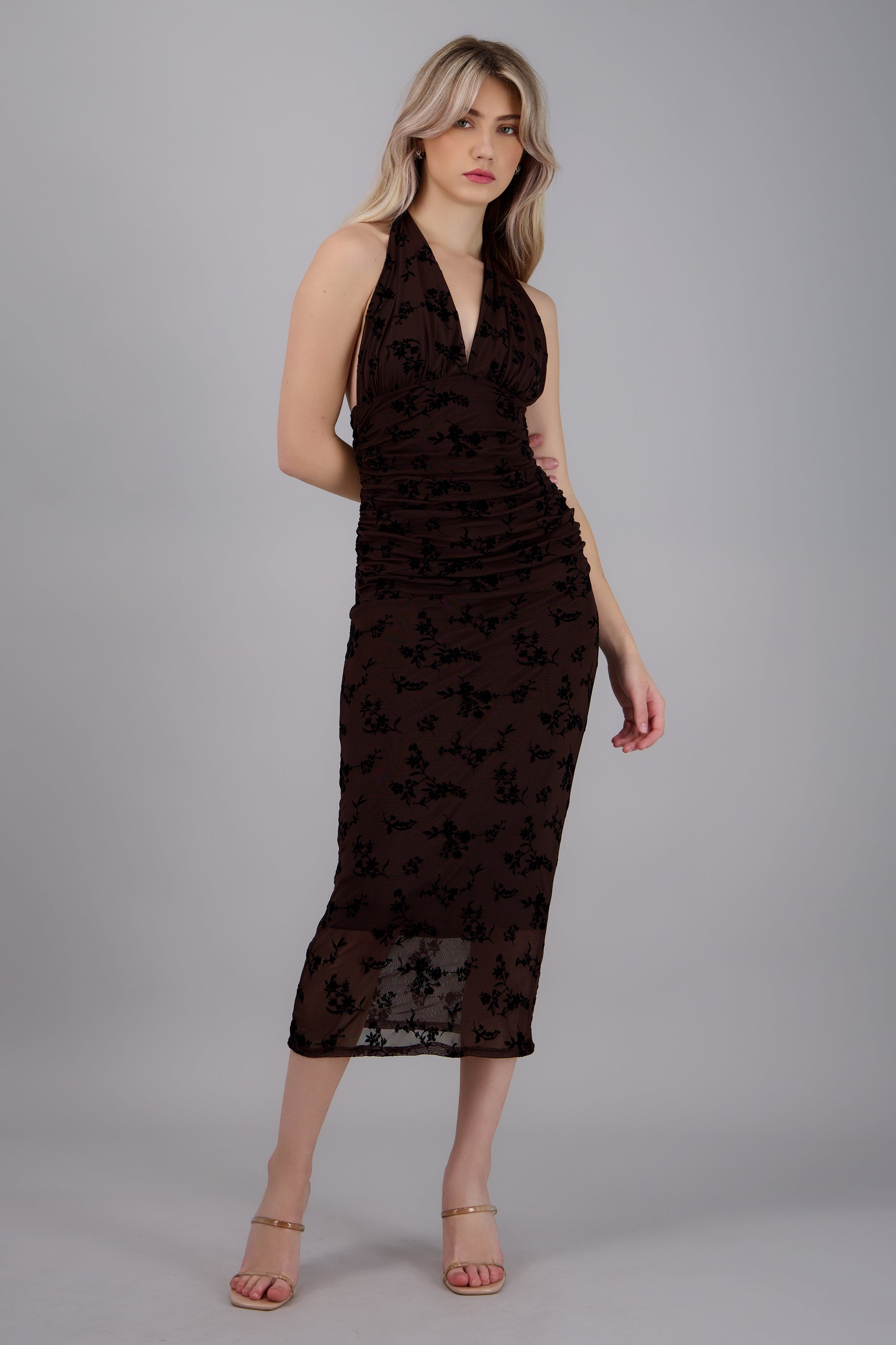 Vestido midi halter mesh flock flores CAFE OBSCURO