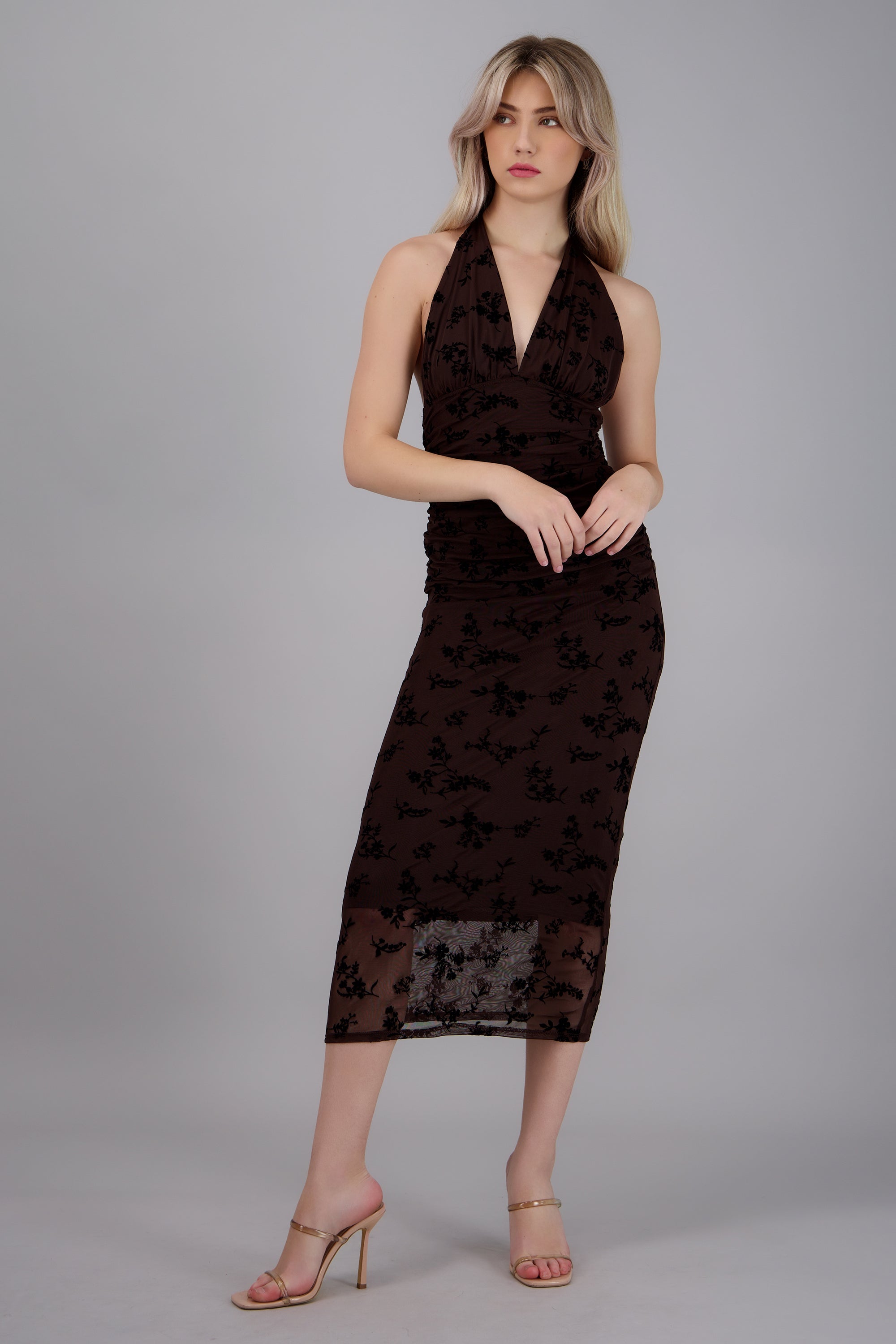 Vestido midi halter mesh flock flores CAFE OBSCURO