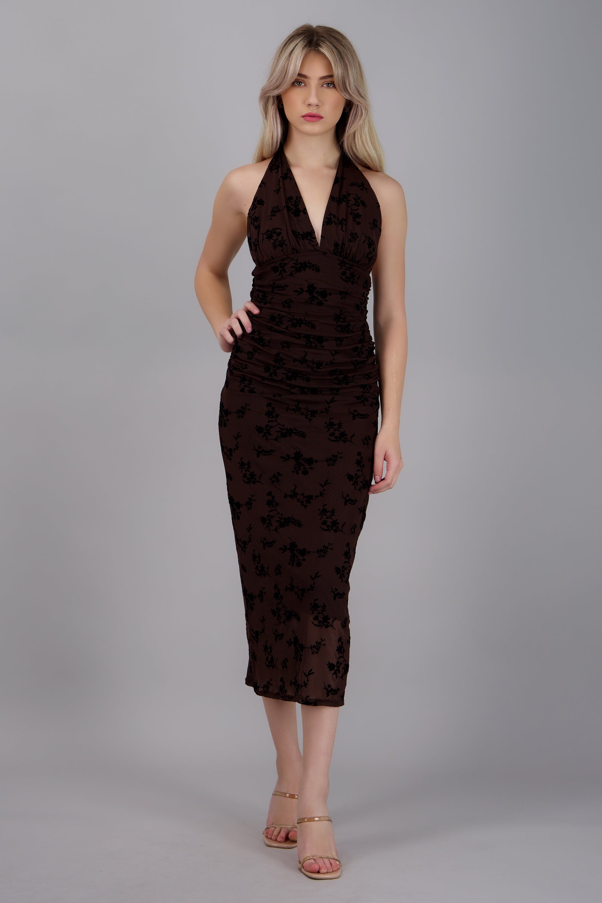 Vestido midi halter mesh flock flores CAFE OBSCURO