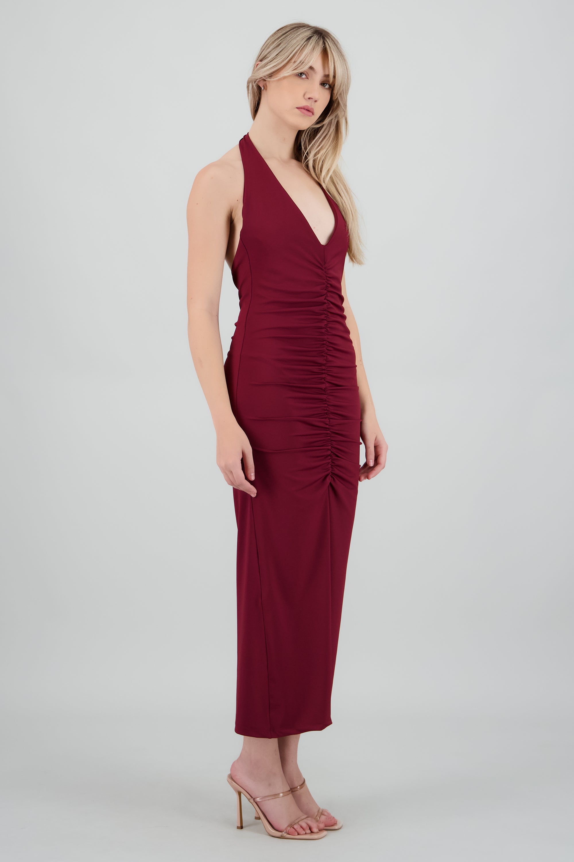 Vestido maxi halter drapeado VINO