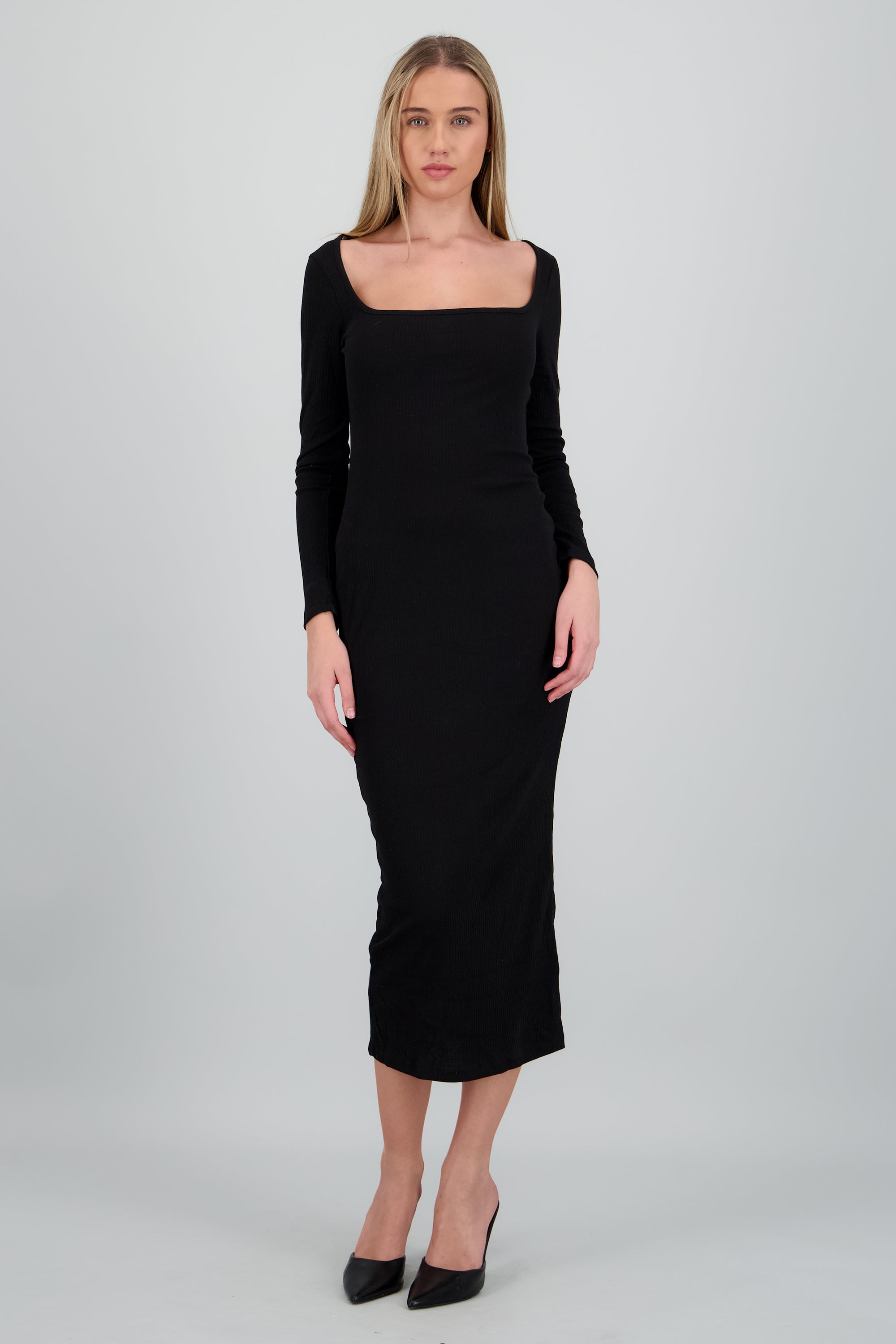 Vestido maxi rib manga larga NEGRO