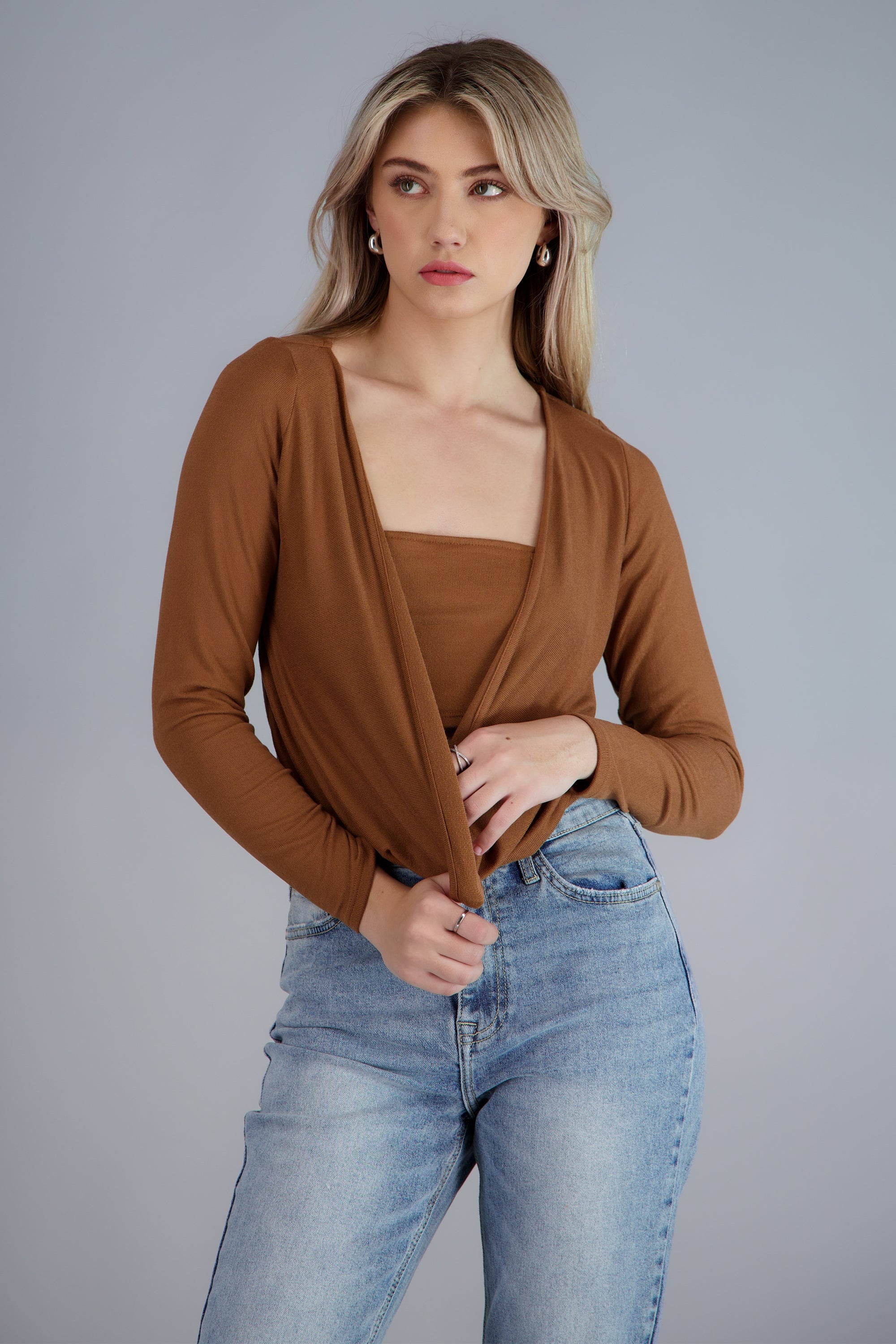 Blusa manga larga escote cascada con top CAMELLO