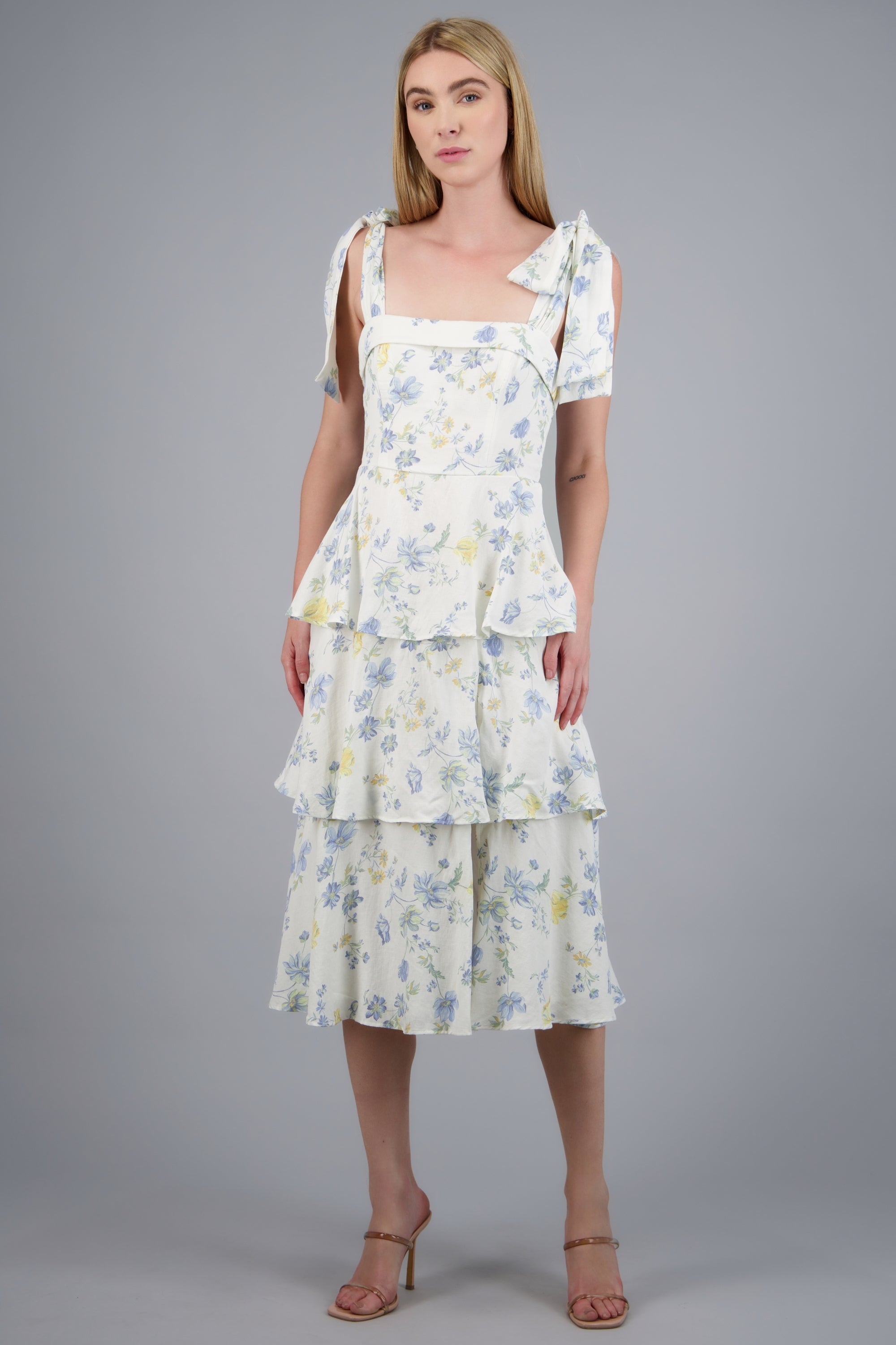 Vestido maxi flores olanes AZUL COMBO