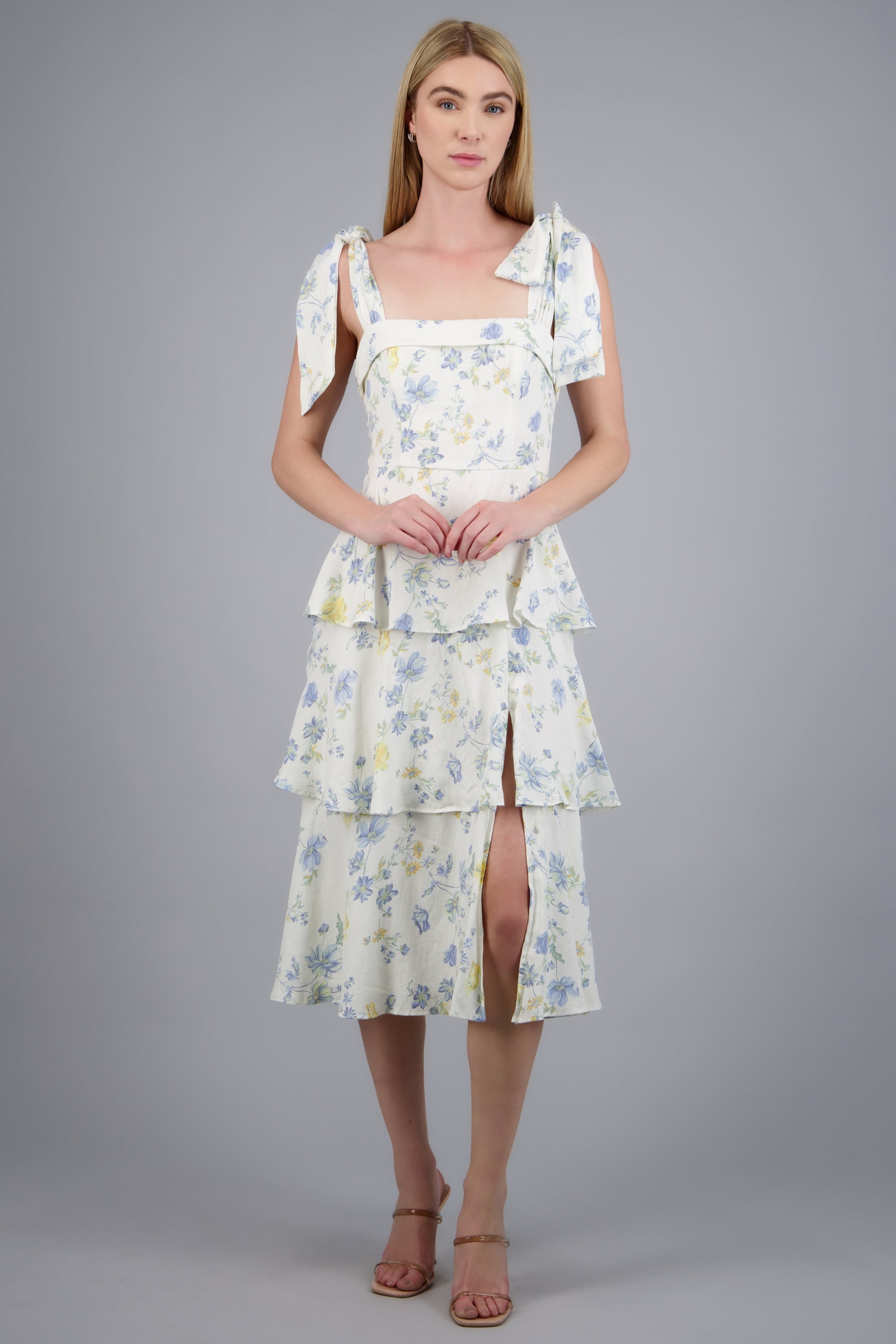 Vestido maxi flores olanes AZUL COMBO