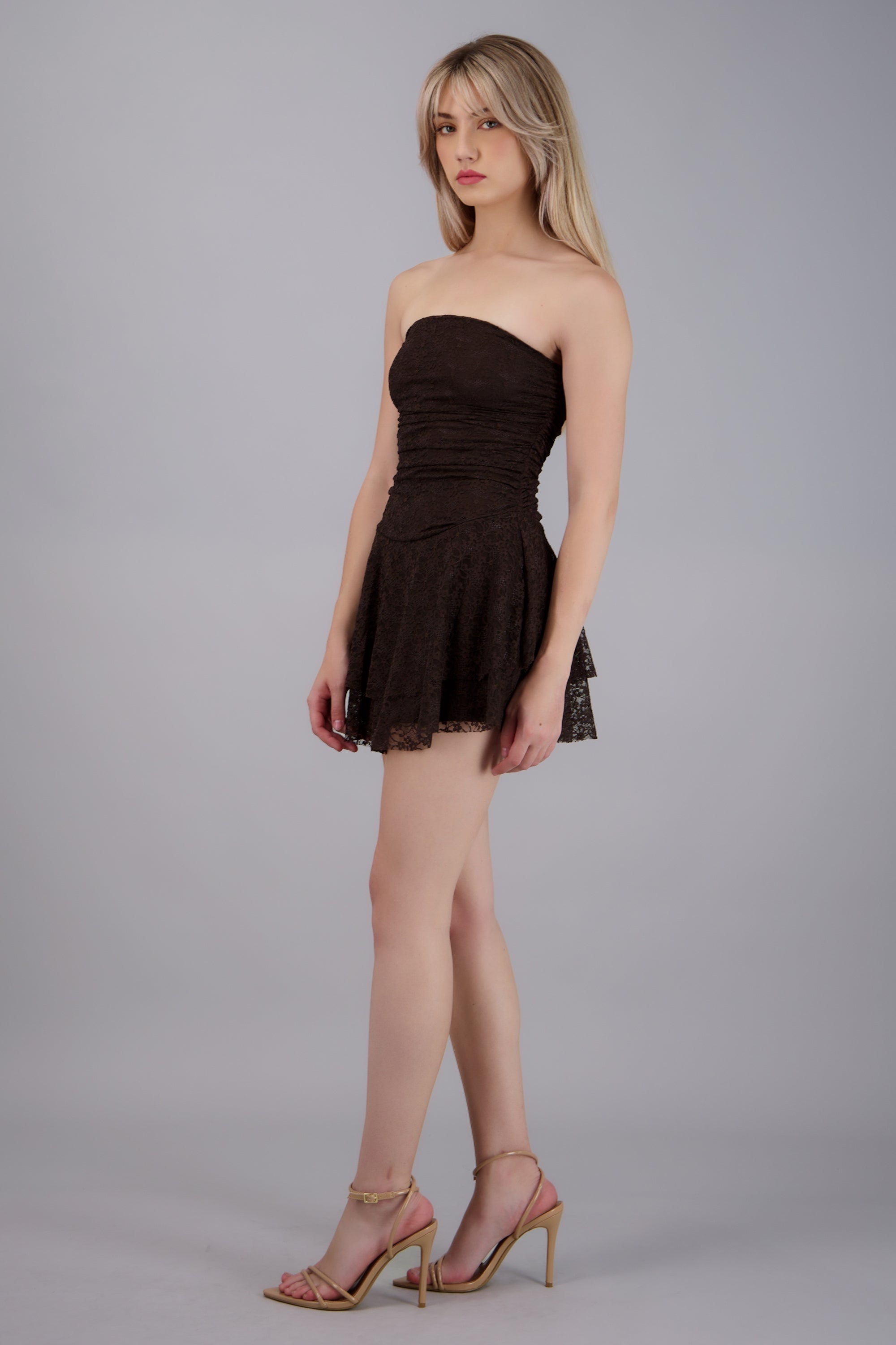 Vestido drapeado encaje CHOCOLATE