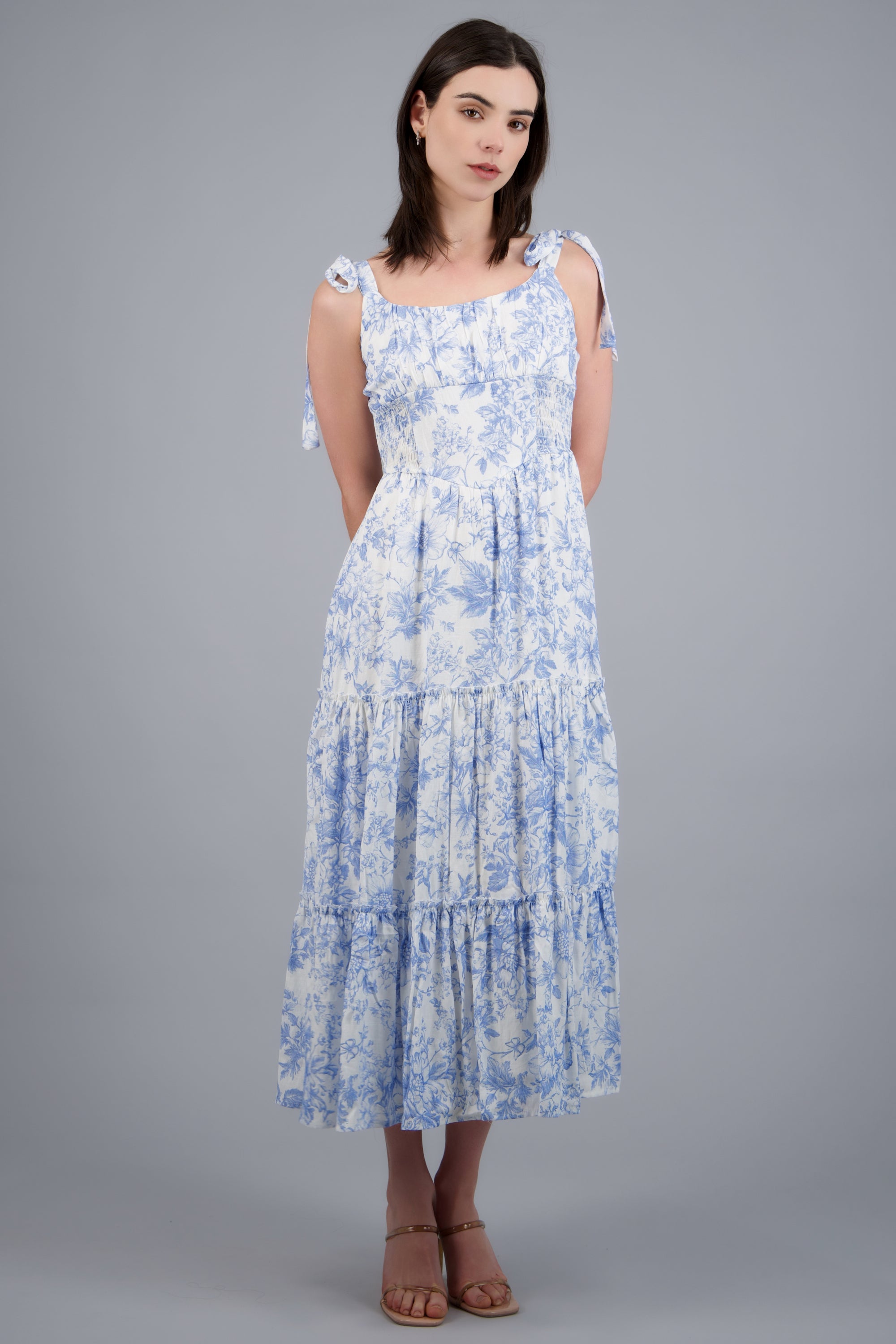 Vestido maxi estampado flores con tirantes amarres AZUL COMBO