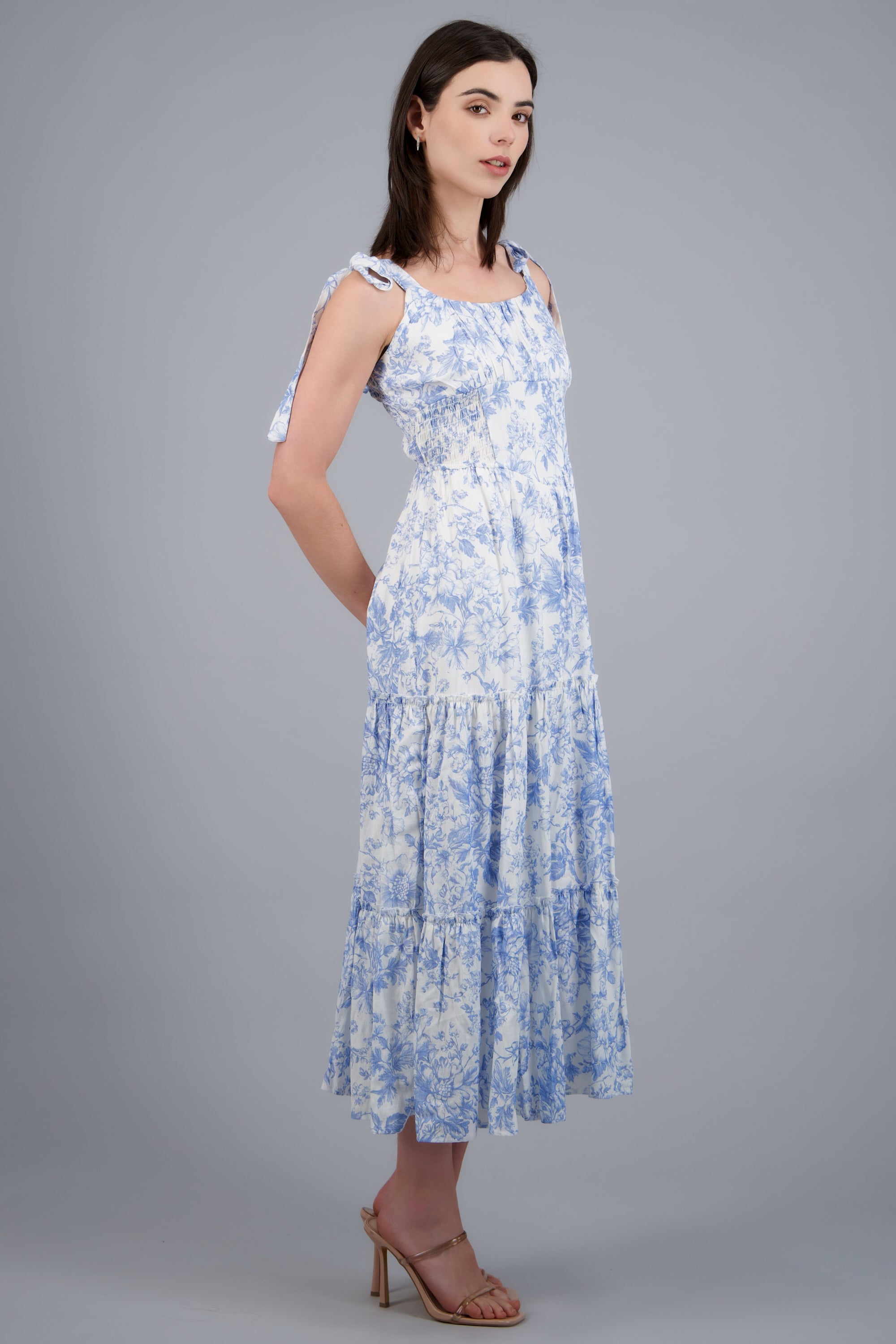 Vestido maxi estampado flores con tirantes amarres AZUL COMBO