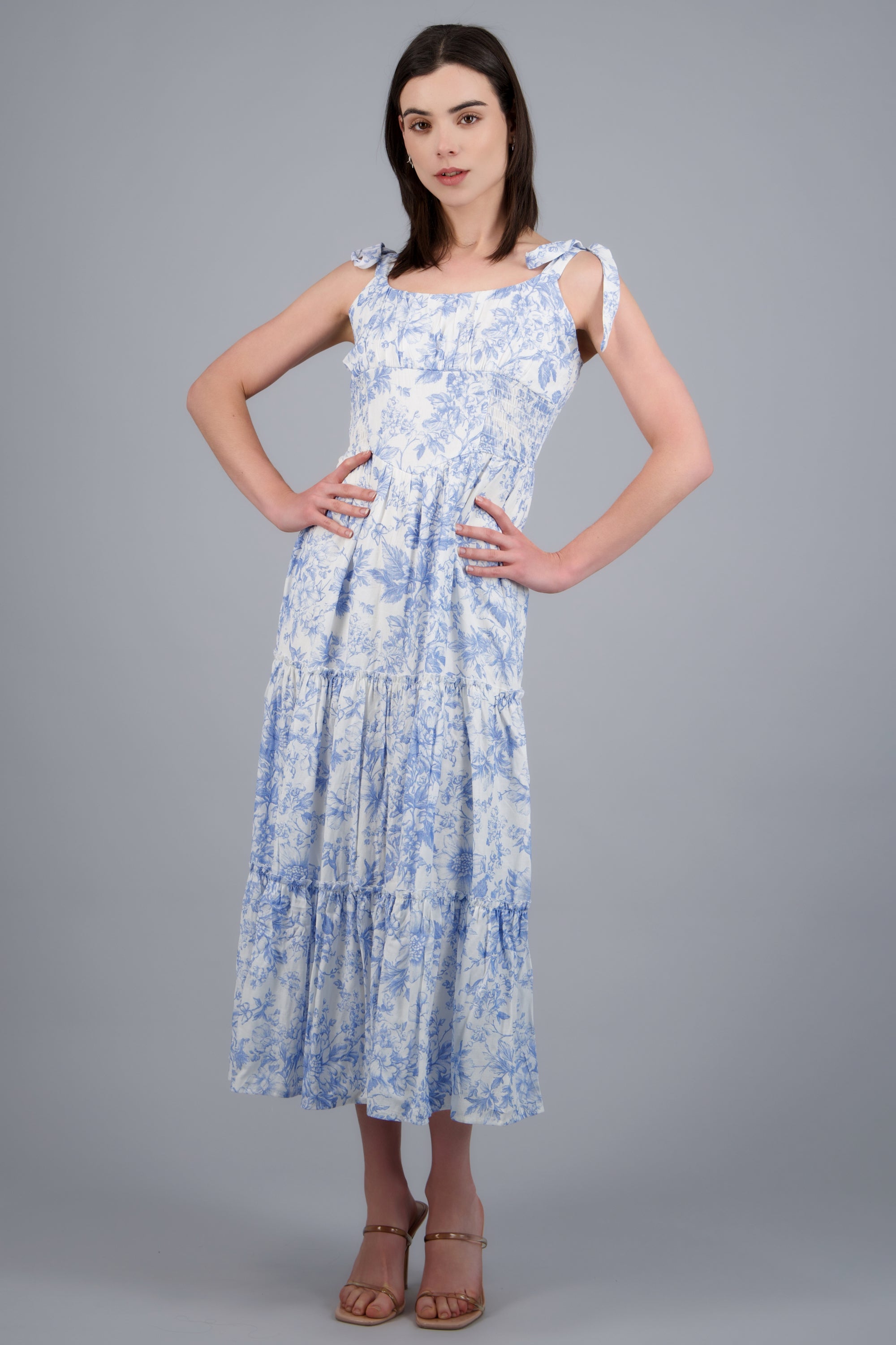 Vestido maxi estampado flores con tirantes amarres AZUL COMBO