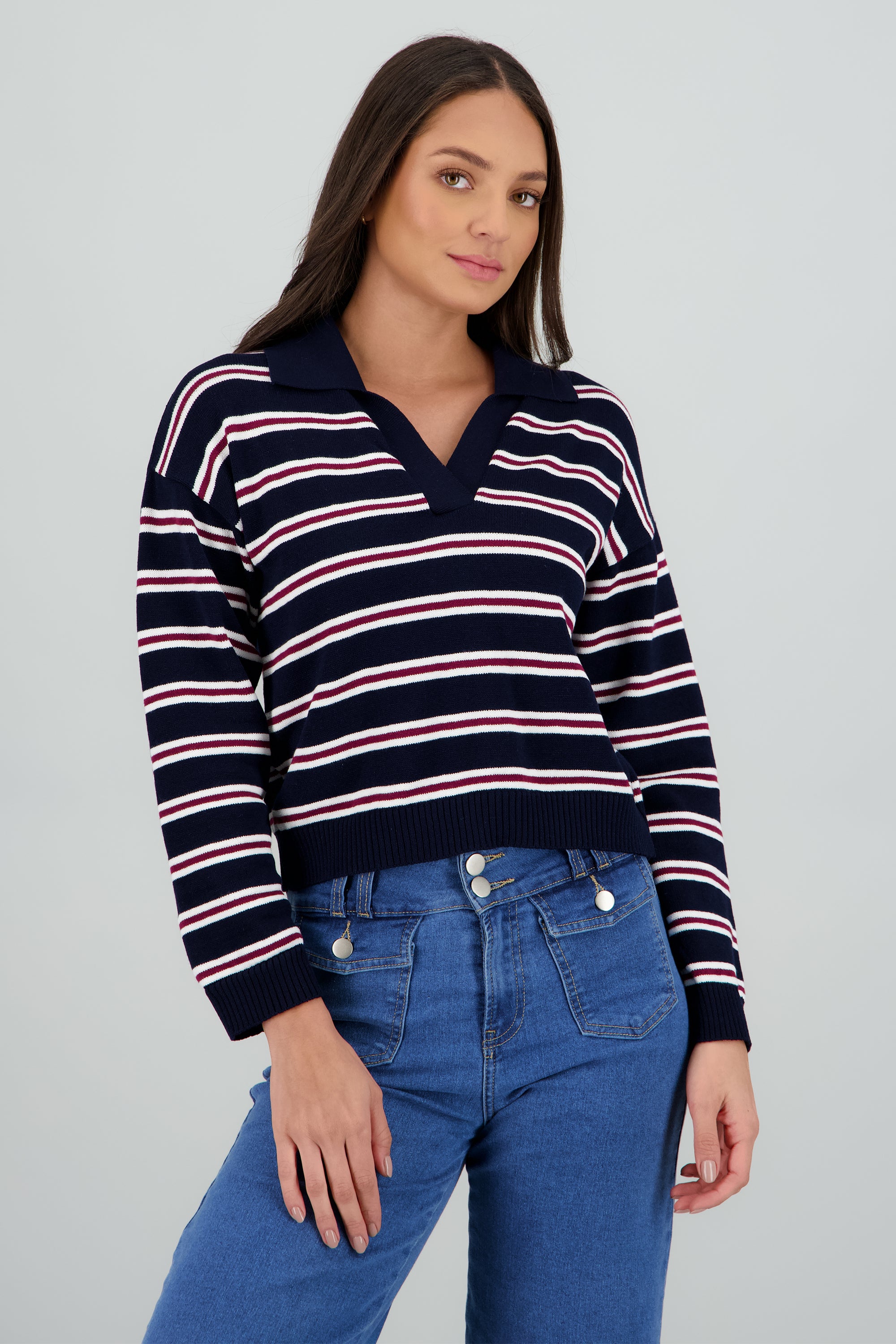 Sueter ligero cuello polo estampado rayas MARINO COMBO