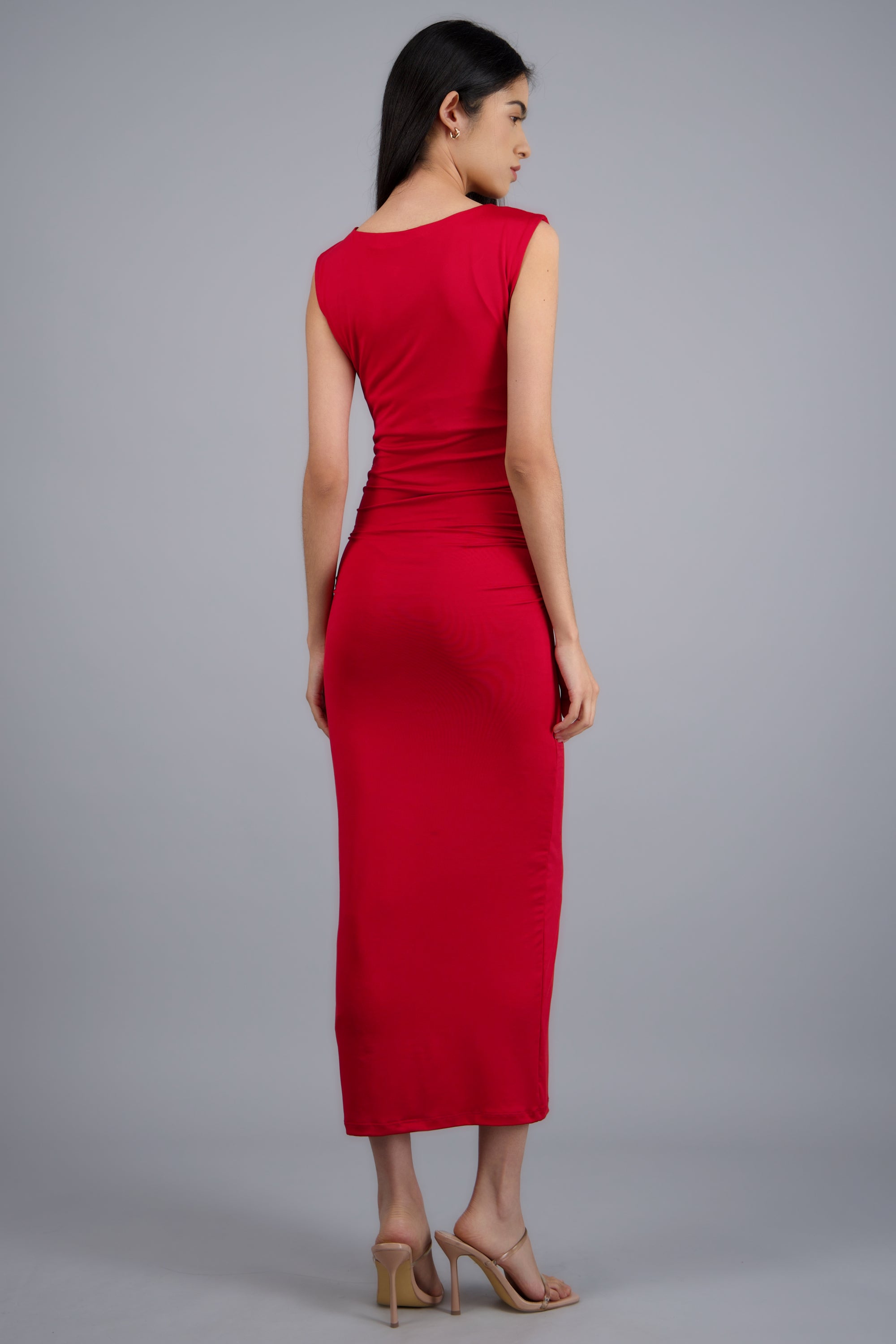 Vestido midi drapeado sin manga ROJO
