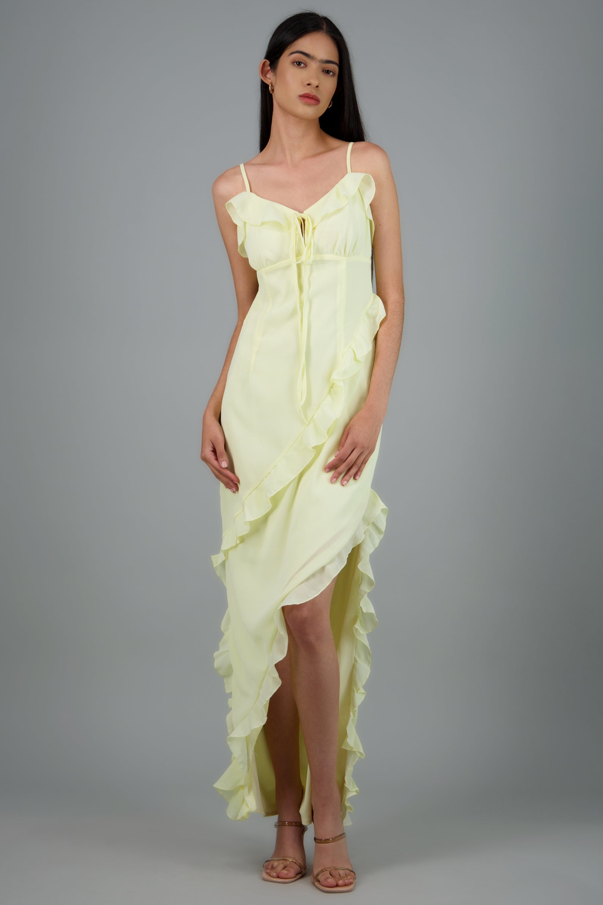 Vestido maxi de tirantes con olanes boho AMARILLO PASTEL