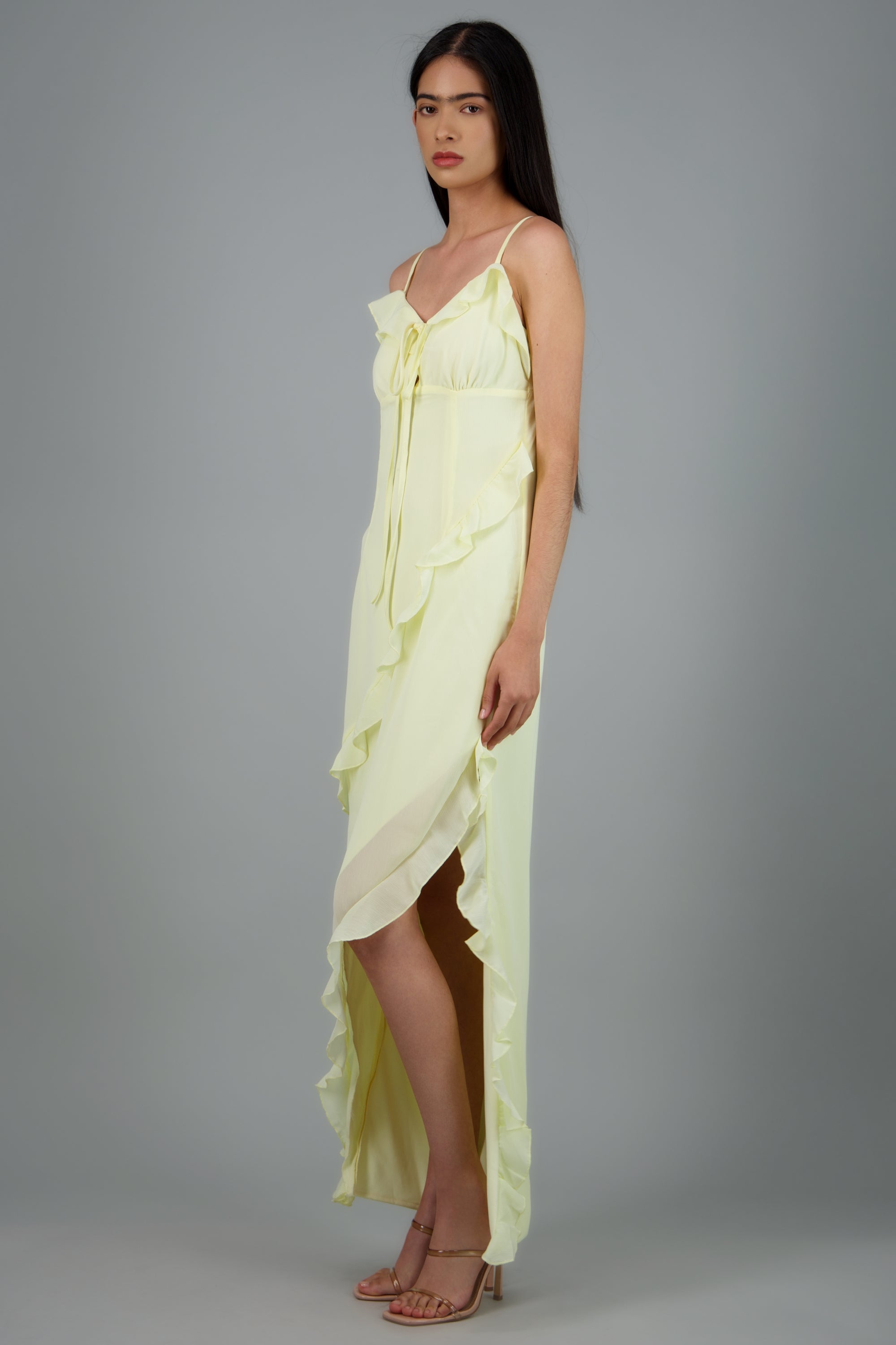 Vestido maxi de tirantes con olanes boho AMARILLO PASTEL