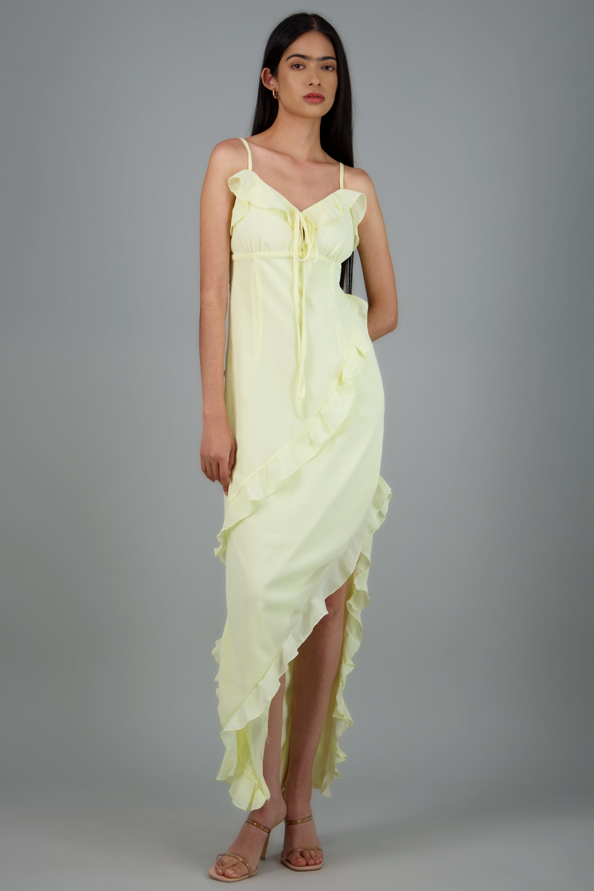 Vestido maxi de tirantes con olanes boho AMARILLO PASTEL