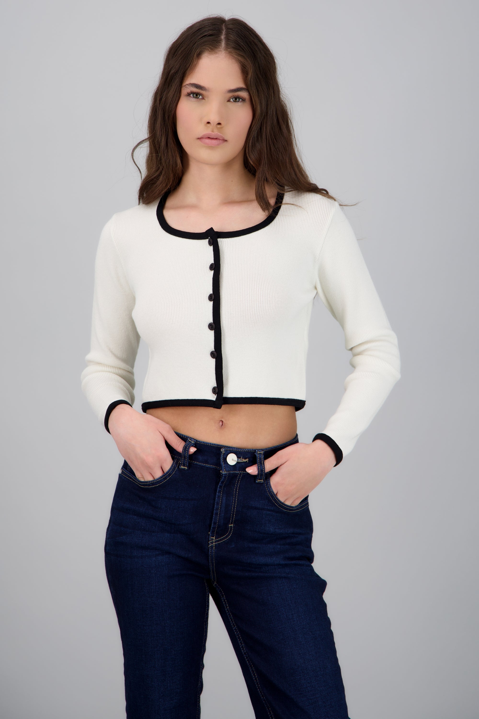 Cardigan escote cuadrado contraste HUESO