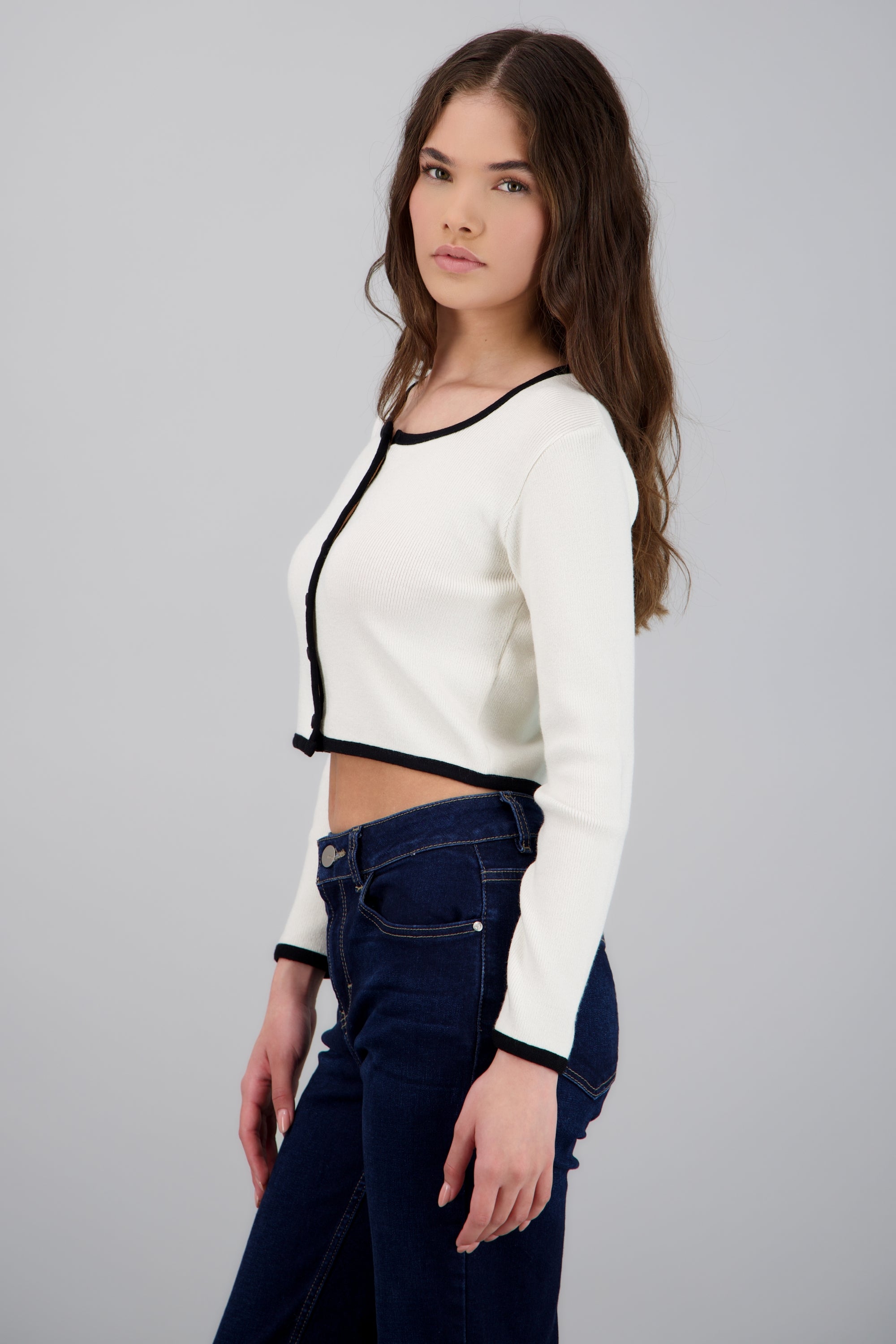 Cardigan escote cuadrado contraste HUESO
