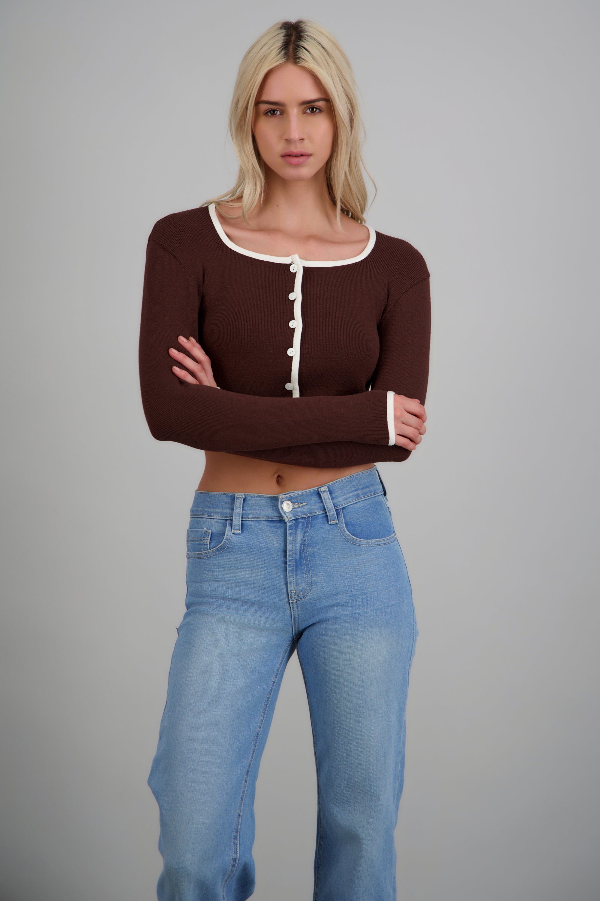 Cardigan escote cuadrado contraste CHOCOLATE